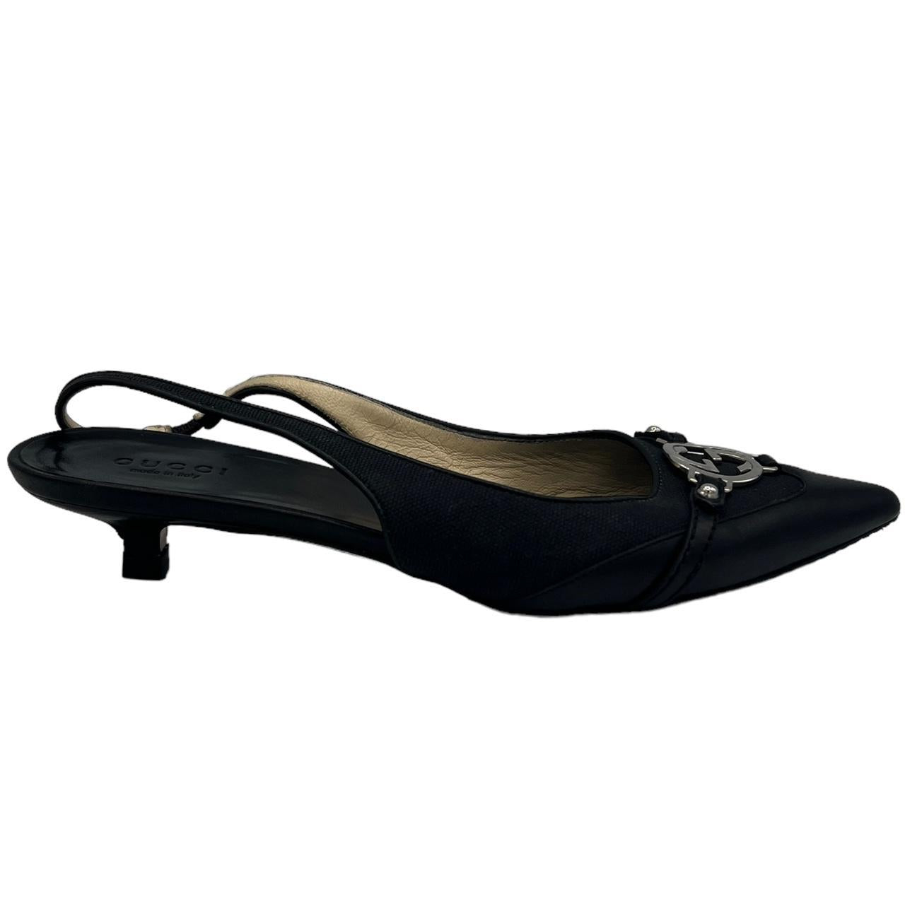 Gucci Slingback Heels Black Leather Kitten Heel GG Logo