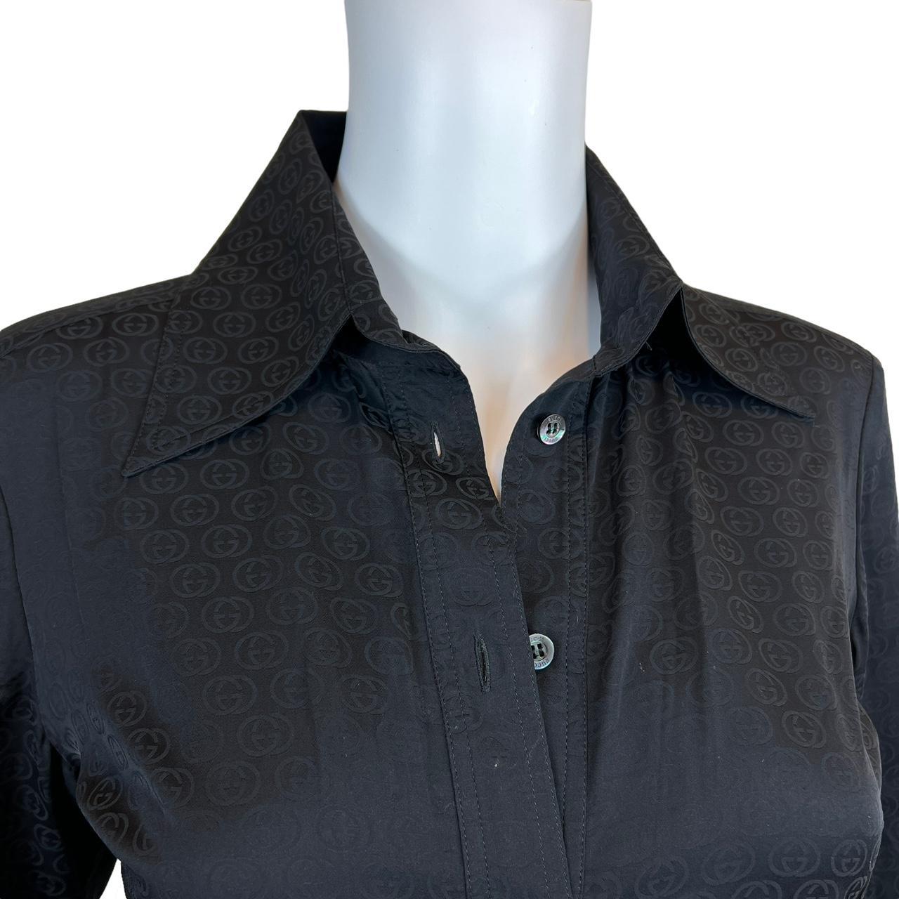 Gucci by Tom Ford F/W 2003 Black Silk GG Logo Button Up Blouse