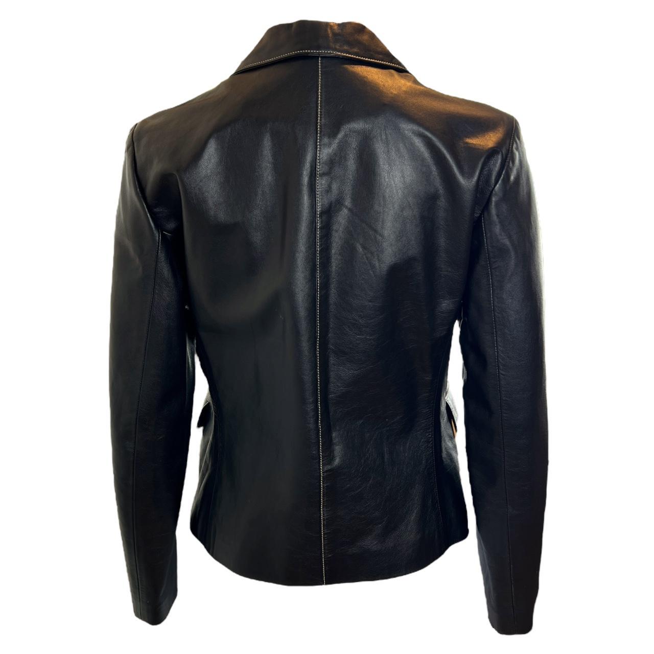 Balmain Paris Black Leather Blazer Jacket with Contrast Stitching and Mother of Pearl Buttons - Outfit Repeater