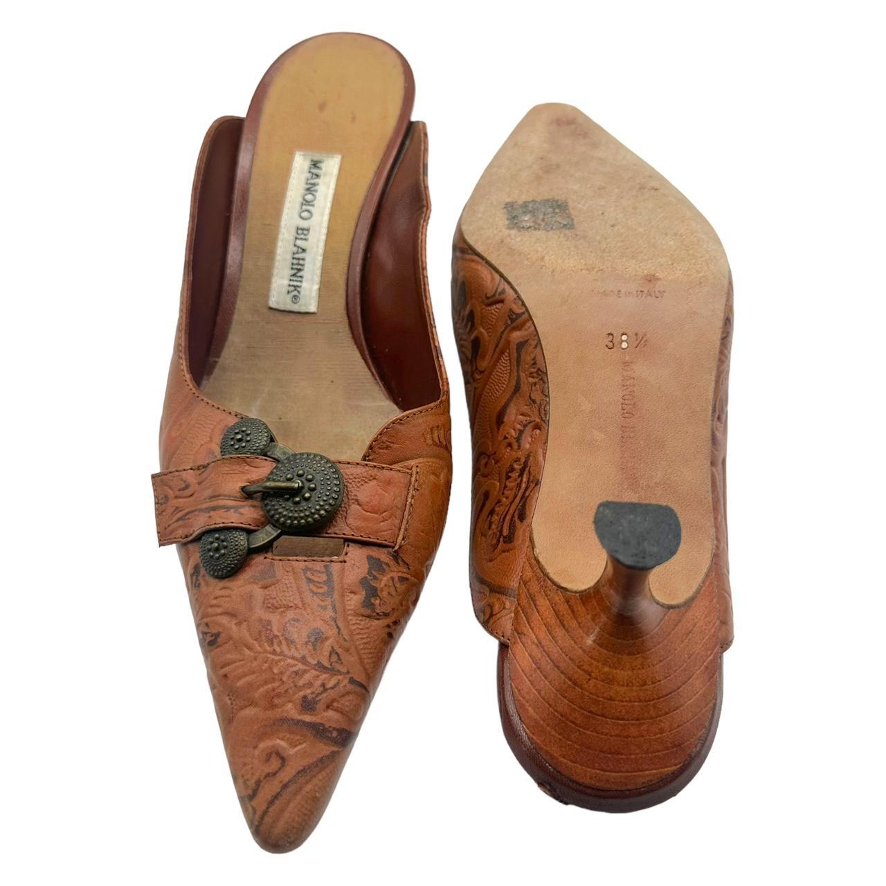 Manolo Blahnik Brown Embossed Leather Kitten Heel Mules