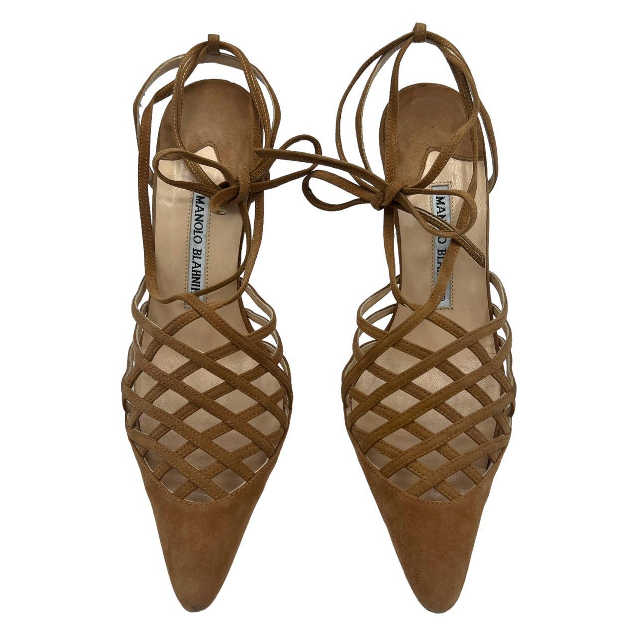 Manolo Blahnik Tan Suede Strappy Pointed Toe Lace Up Heels - Outfit Repeater