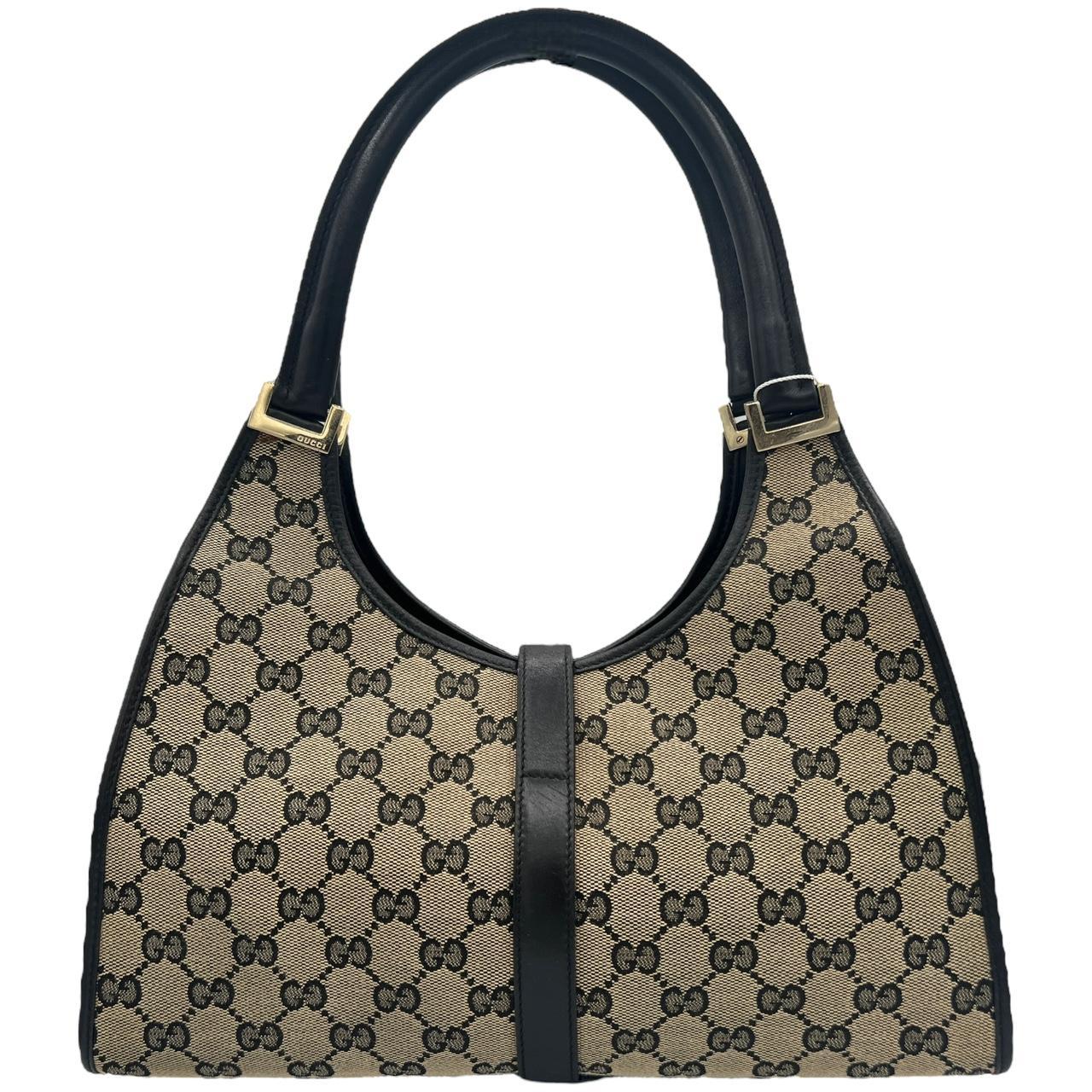 Gucci Black Leather Gray Monogram Canvas Jackie Bag