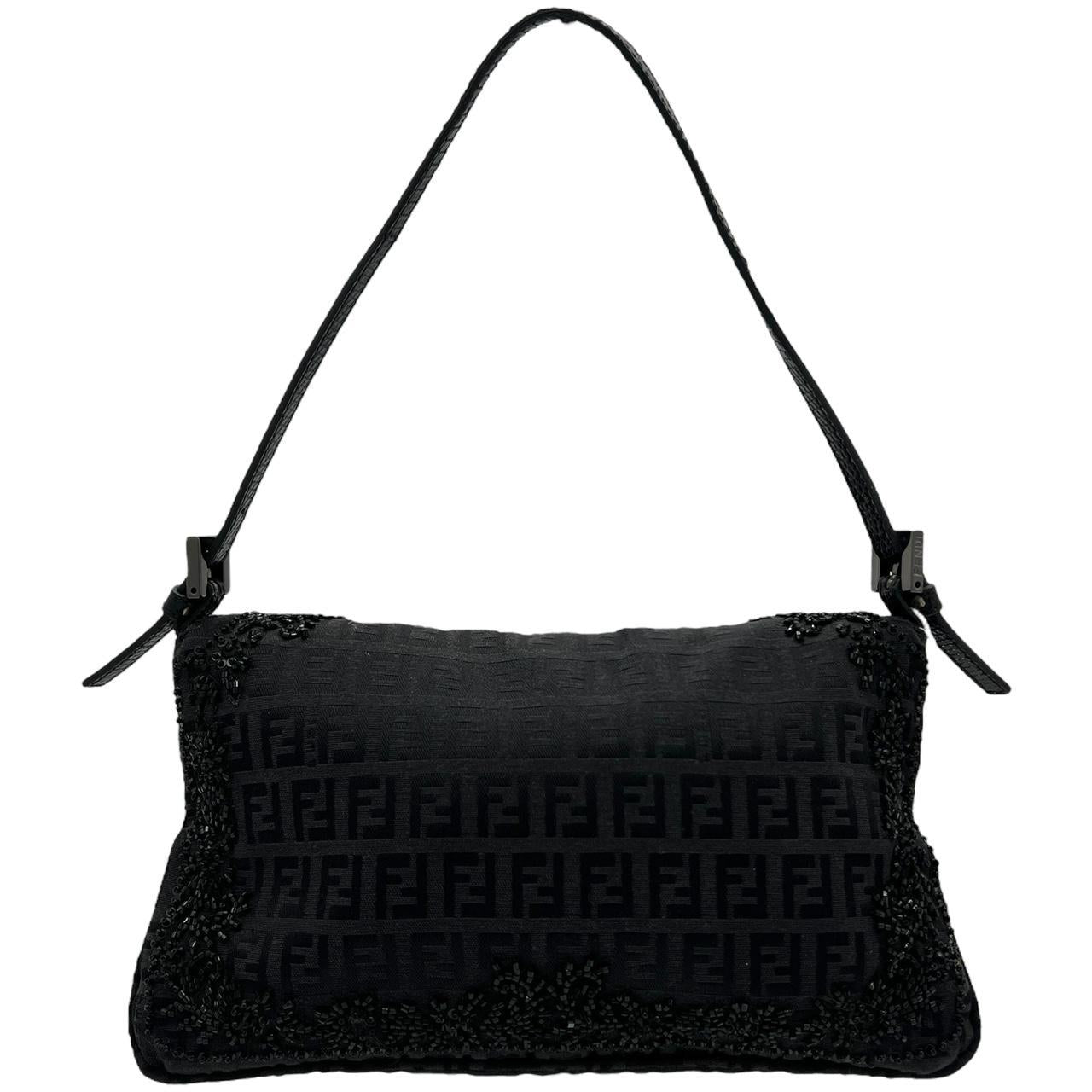 Fendi Black Zucca Beaded Baguette Shoulder Bag