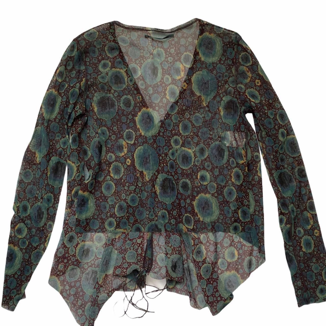 Jean-Paul Gaultier Femme Sheer Printed Stretch Mesh Tie Front Cardigan Style Long Sleeve Top