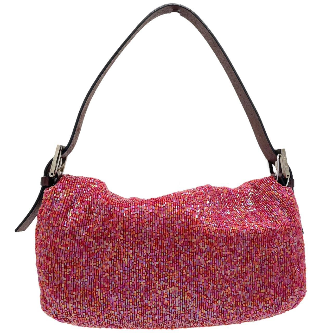 Fendi Red Multicolor Beaded Baguette Shoulder Bag