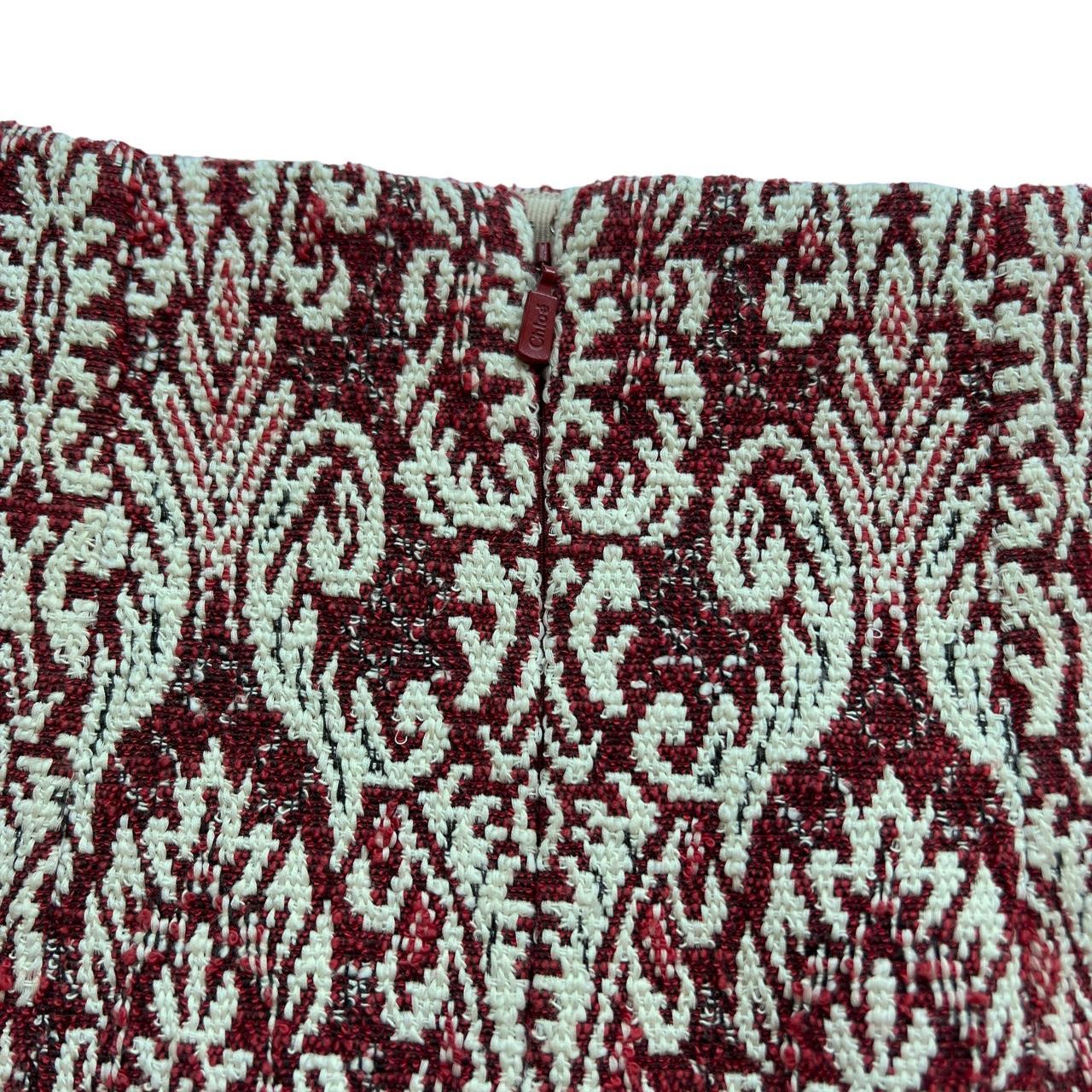 Chloé Burgundy and Ivory Jacquard Damask Printed Woven Fringe Mini Skirt - Outfit Repeater