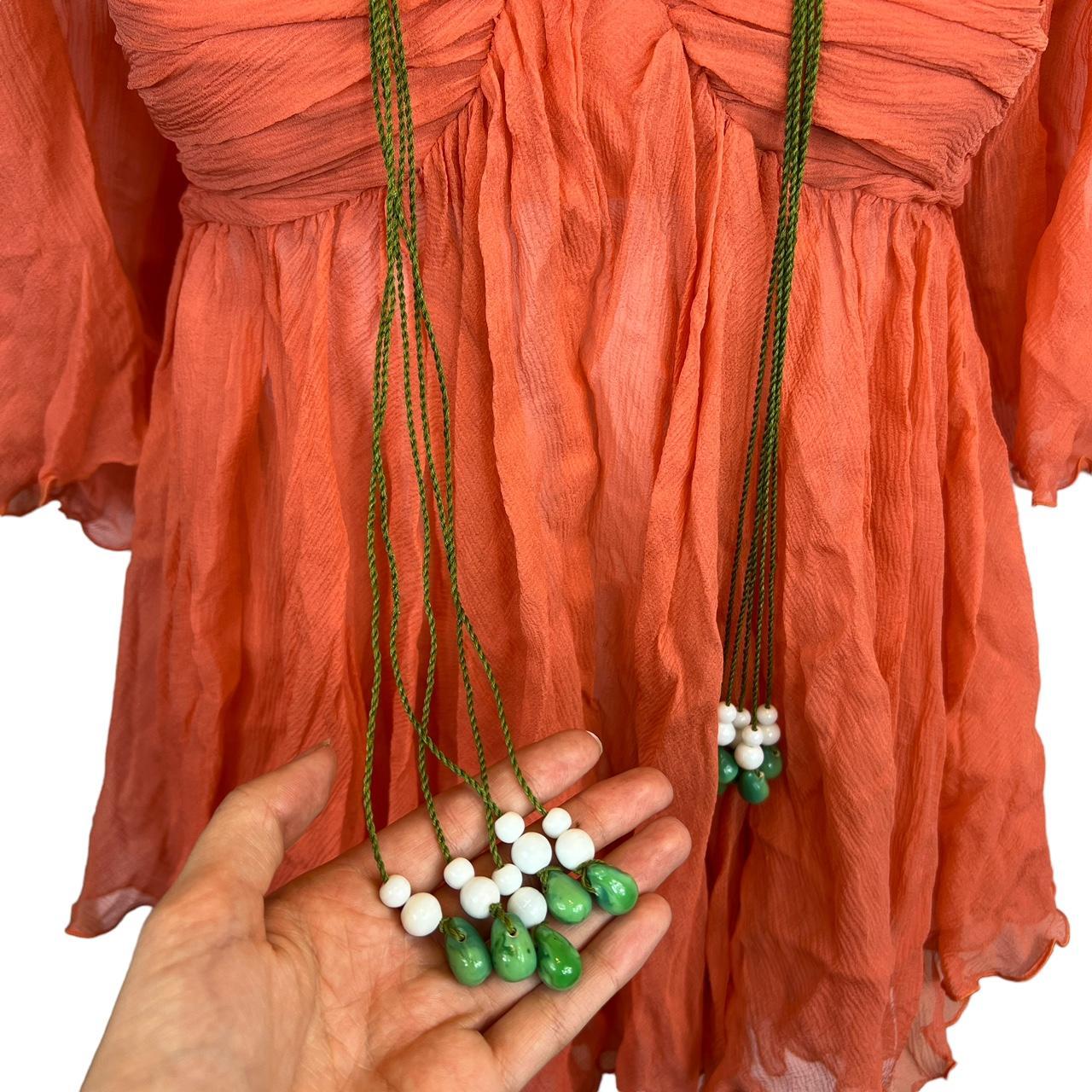 Chloé Spring / Summer 2004 by Phoebe Philo Coral Flowy Silk Semi-Sheer Blouse with Green Stone Beads