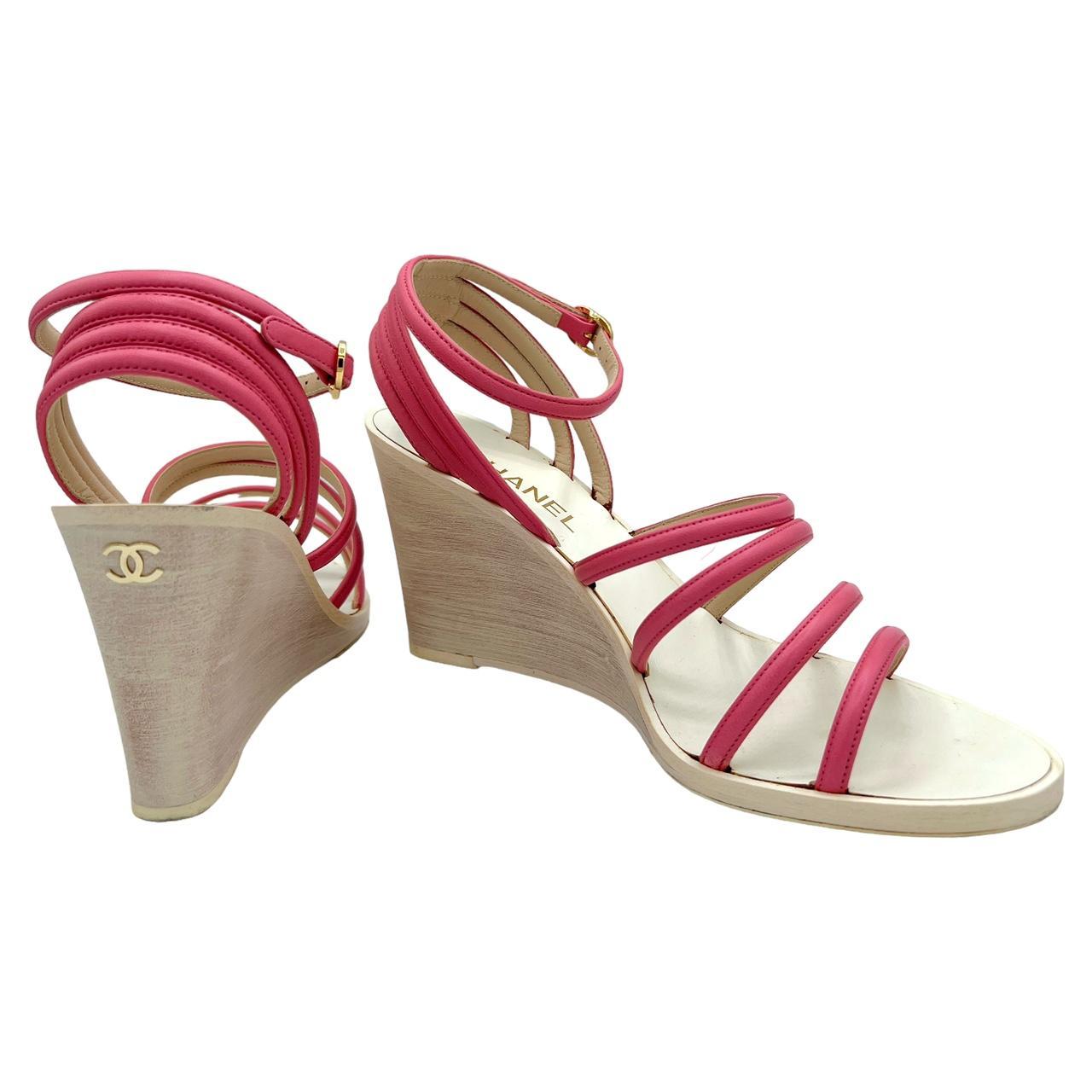 Chanel Pink Lambskin Strappy Wedge Sandals