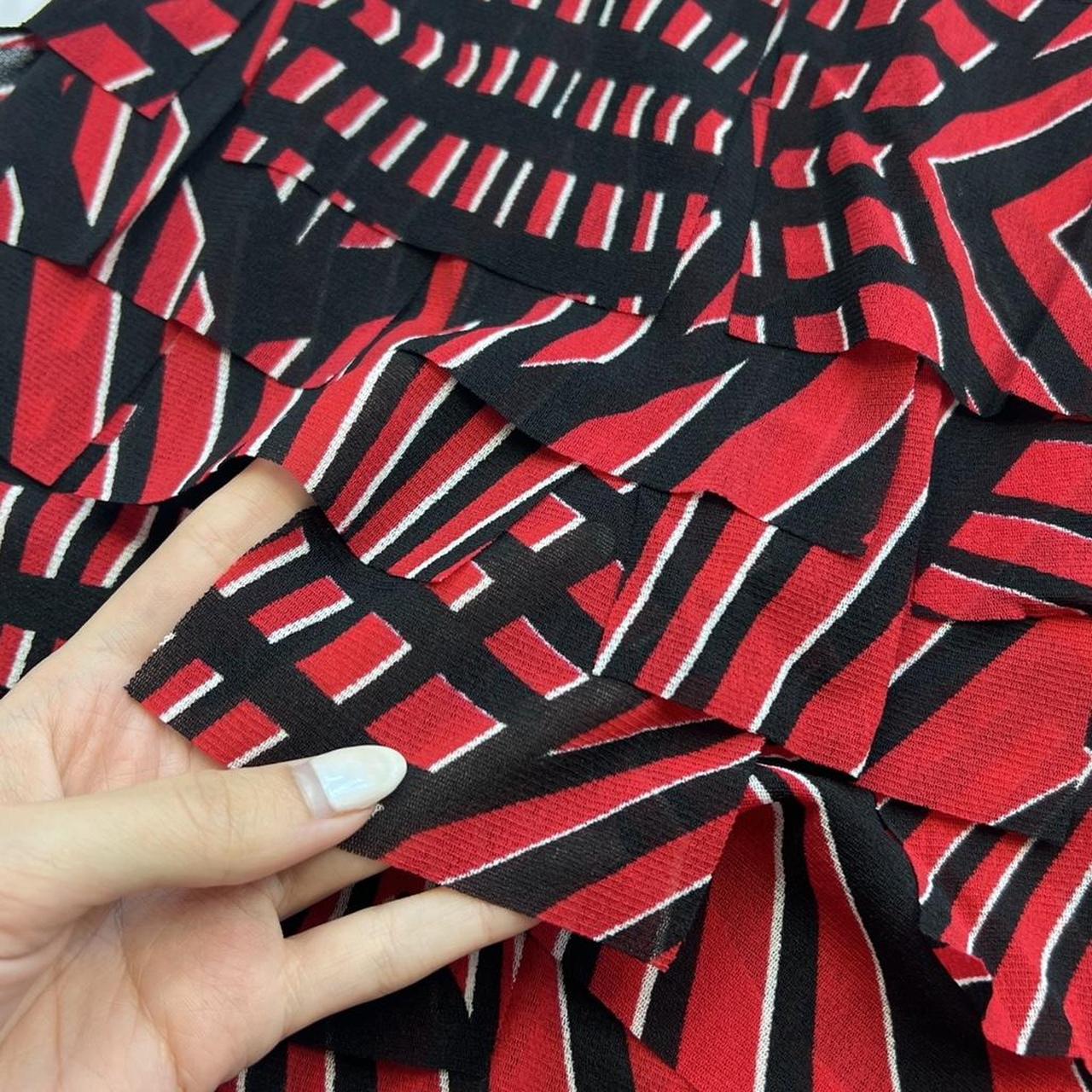 VIVIENNE TAM Black and Red Printed Mesh Tiered Ruffle Midi Skirt - Outfit Repeater