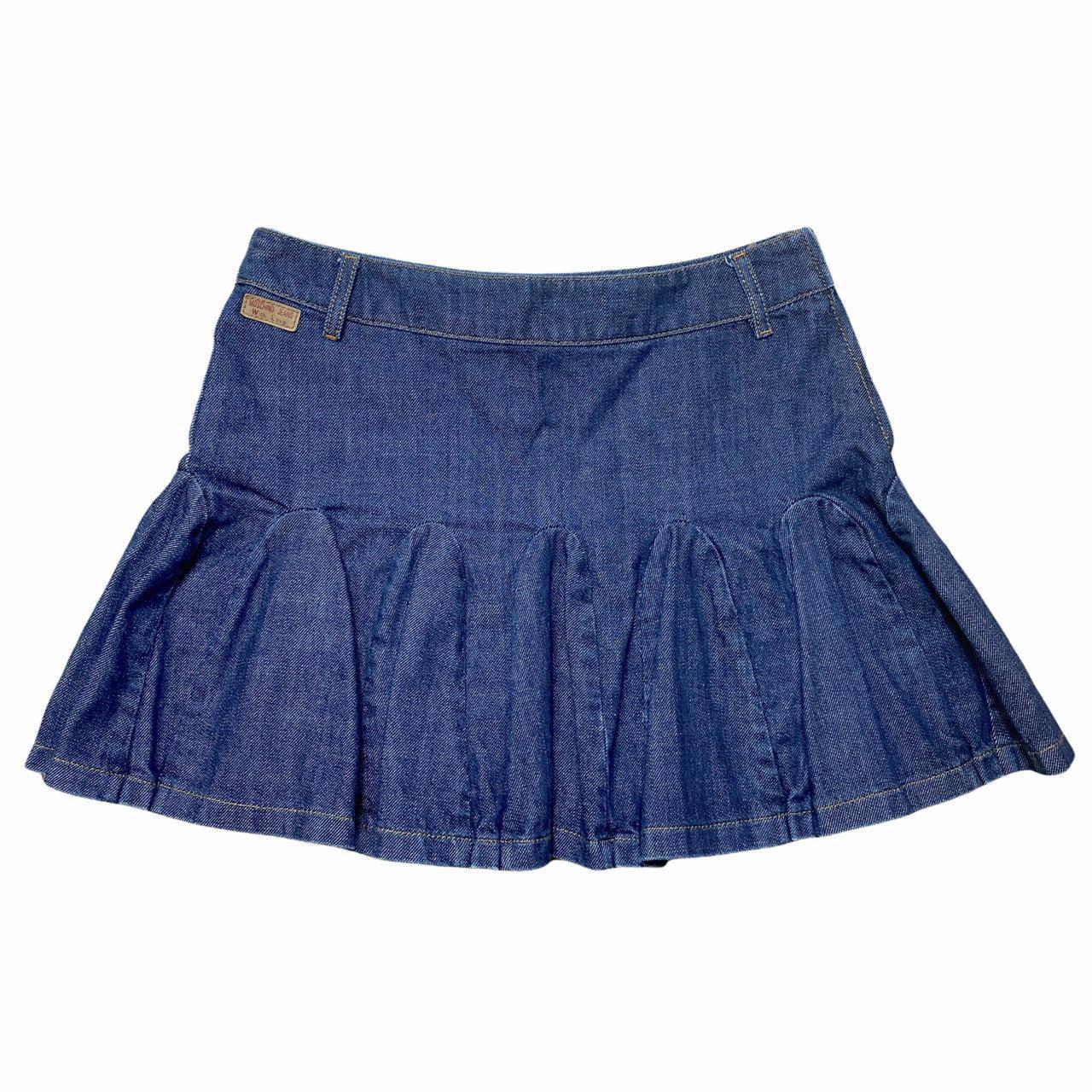 Moschino Jeans Pleated Frilly Mini Denim Skirt with Logo Patch - Outfit Repeater