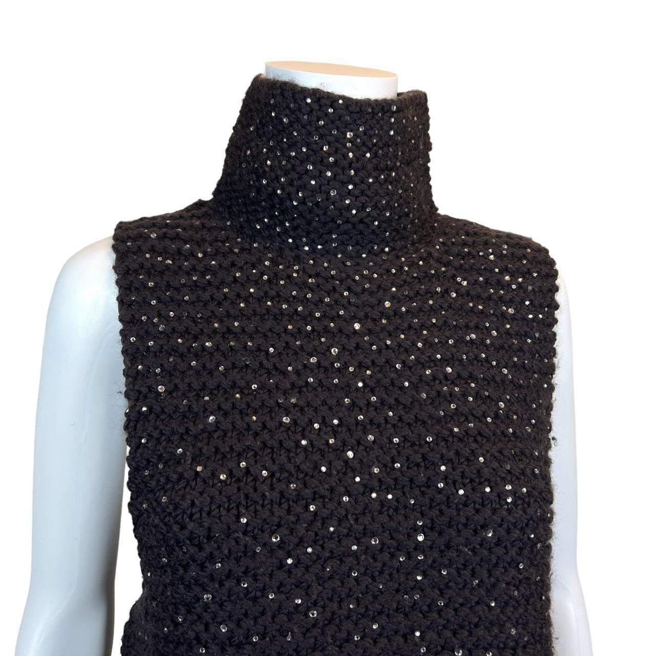 Fendi by Karl Lagerfeld Crystal Embellished Brown Wool Sleeveless Turtleneck