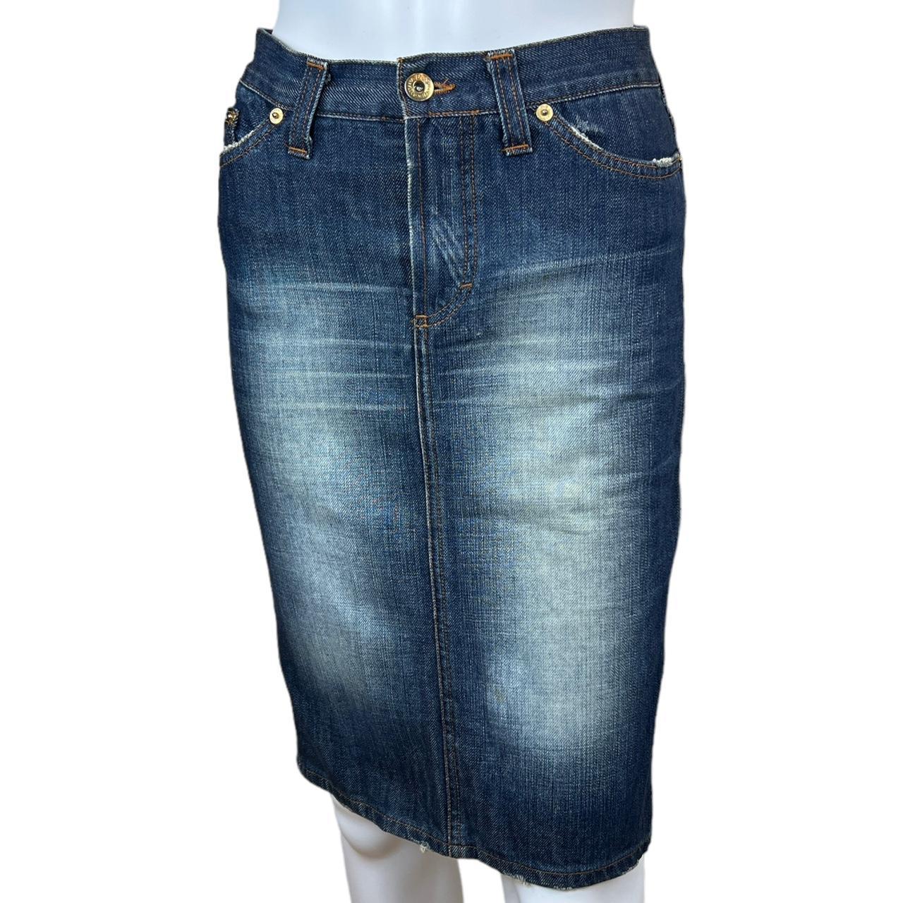 Dolce & Gabbana Faded Denim Midi Skirt with Red Rhinestone Logo Patch - Outfit Repeater