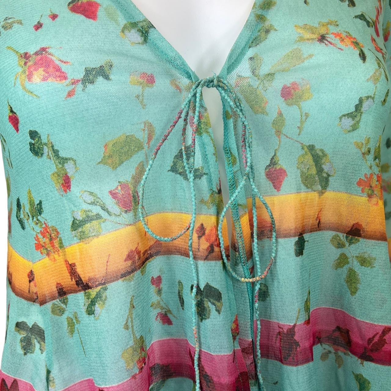 Jean-Paul Gaultier Blue Floral Mesh Long Sleeve Tie Front Asymmetrical Hem Blouse - Outfit Repeater