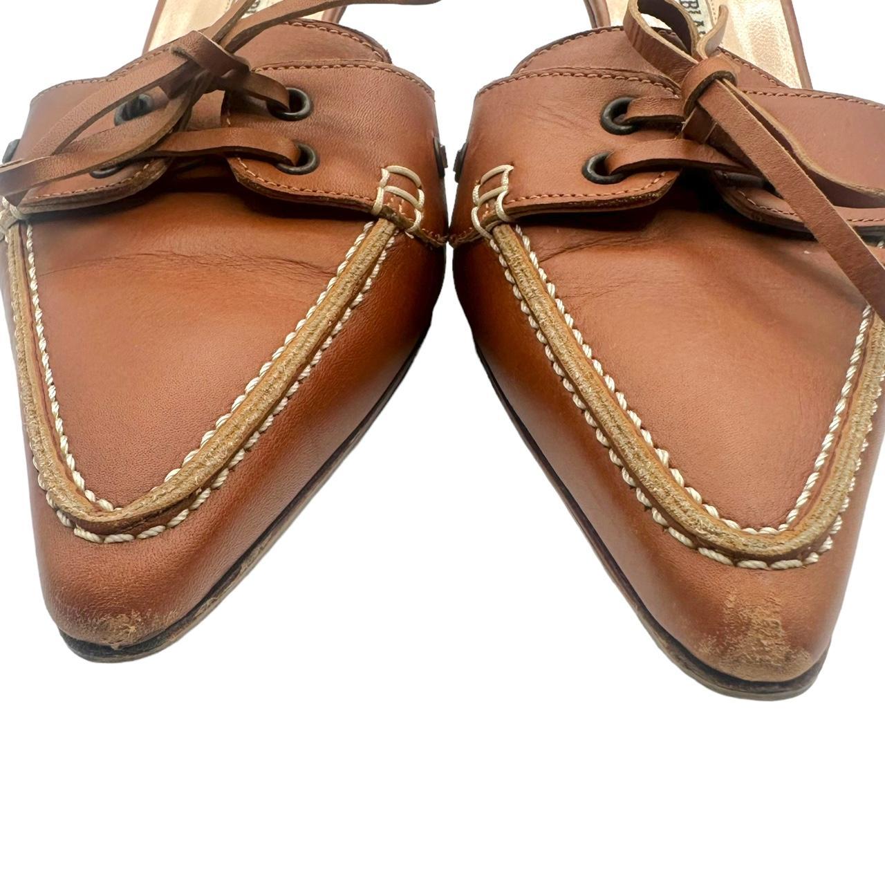 Manolo Blahnik Brown Leather Pointed Toe Kitten Heel Loafer