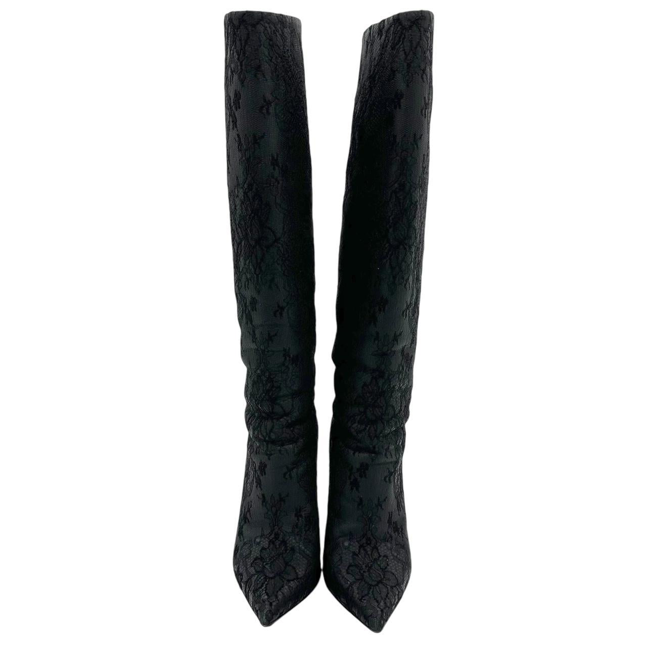 Dolce & Gabbana Black Lace Heeled Knee-High Boots