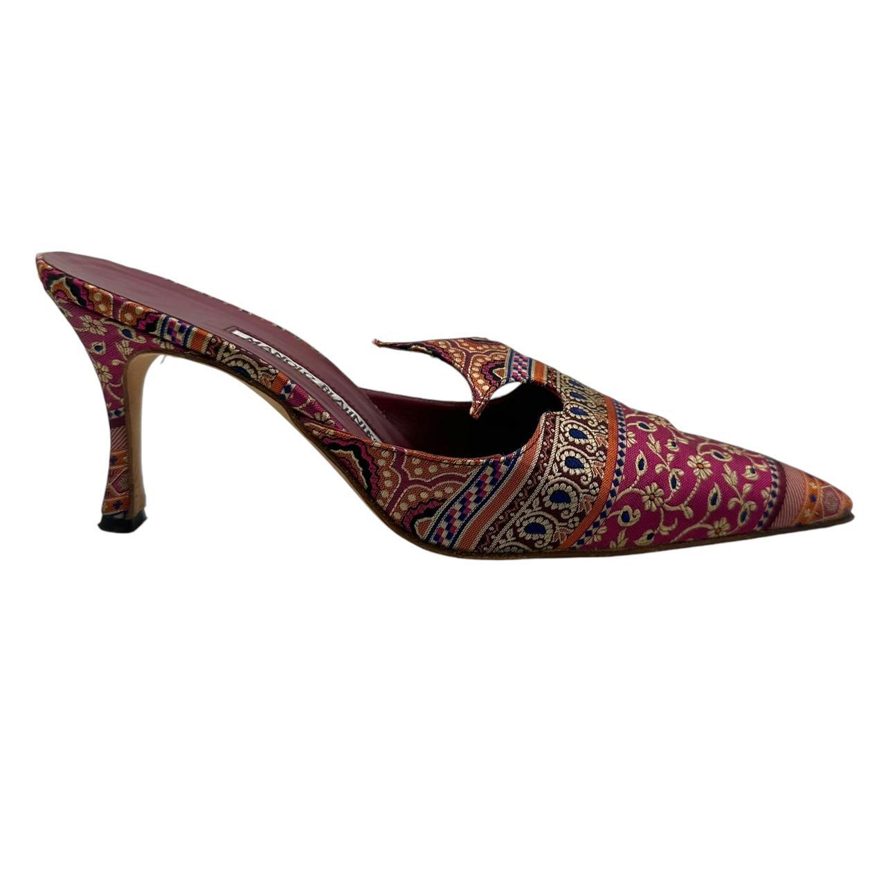 Manolo Blahnik Pink Silk Printed Mule Heels - Outfit Repeater