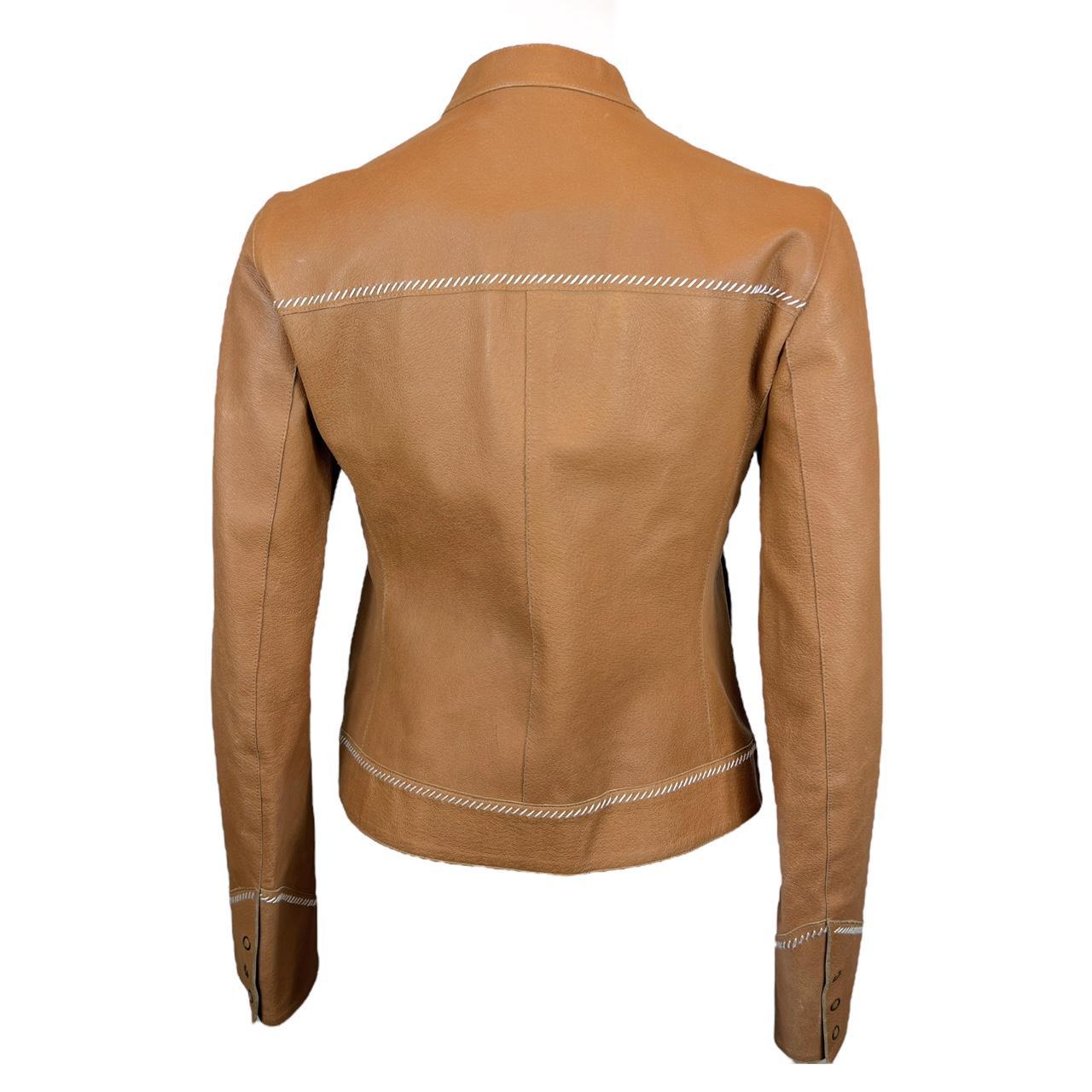 Miu Miu Tan Leather Western Style Jacket with Cream Stitching - Outfit Repeater