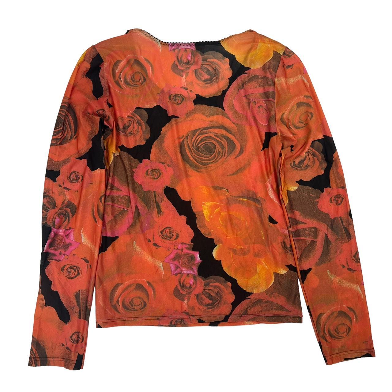 Roberto Cavalli Rose Print Semi-Sheer Mesh Long Sleeve Top