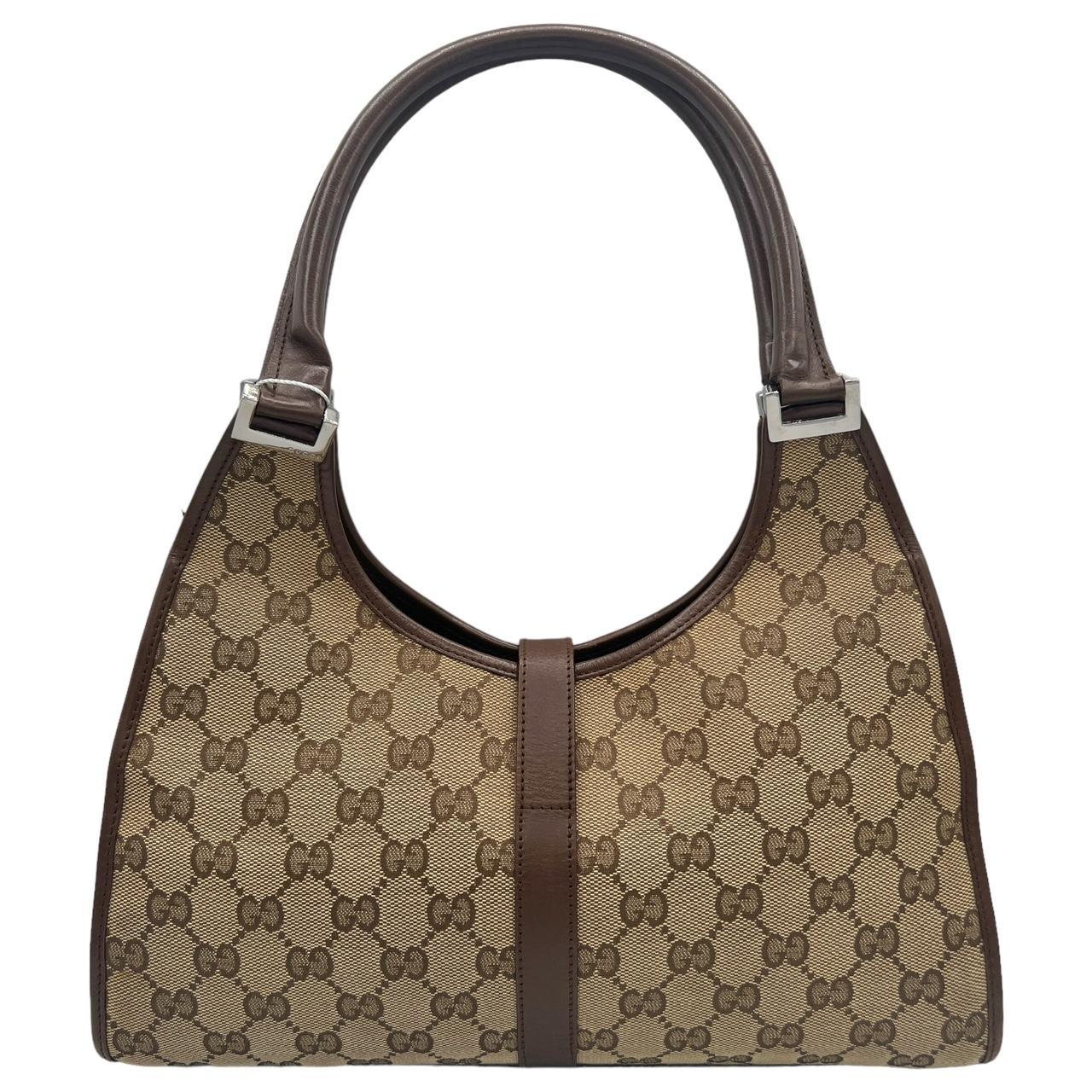Gucci Brown Leather Tan Monogram Canvas Shoulder Bag
