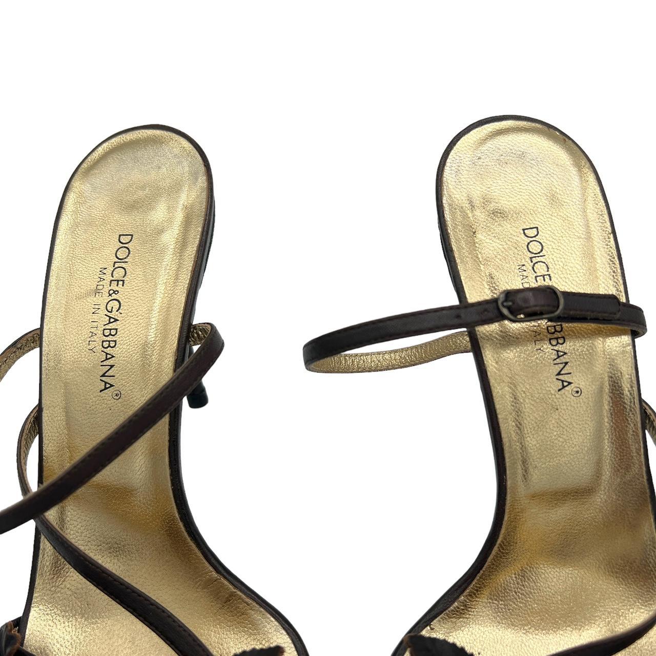Dolce & Gabbana Brown Leather Floral Appliqué Sandal Heels