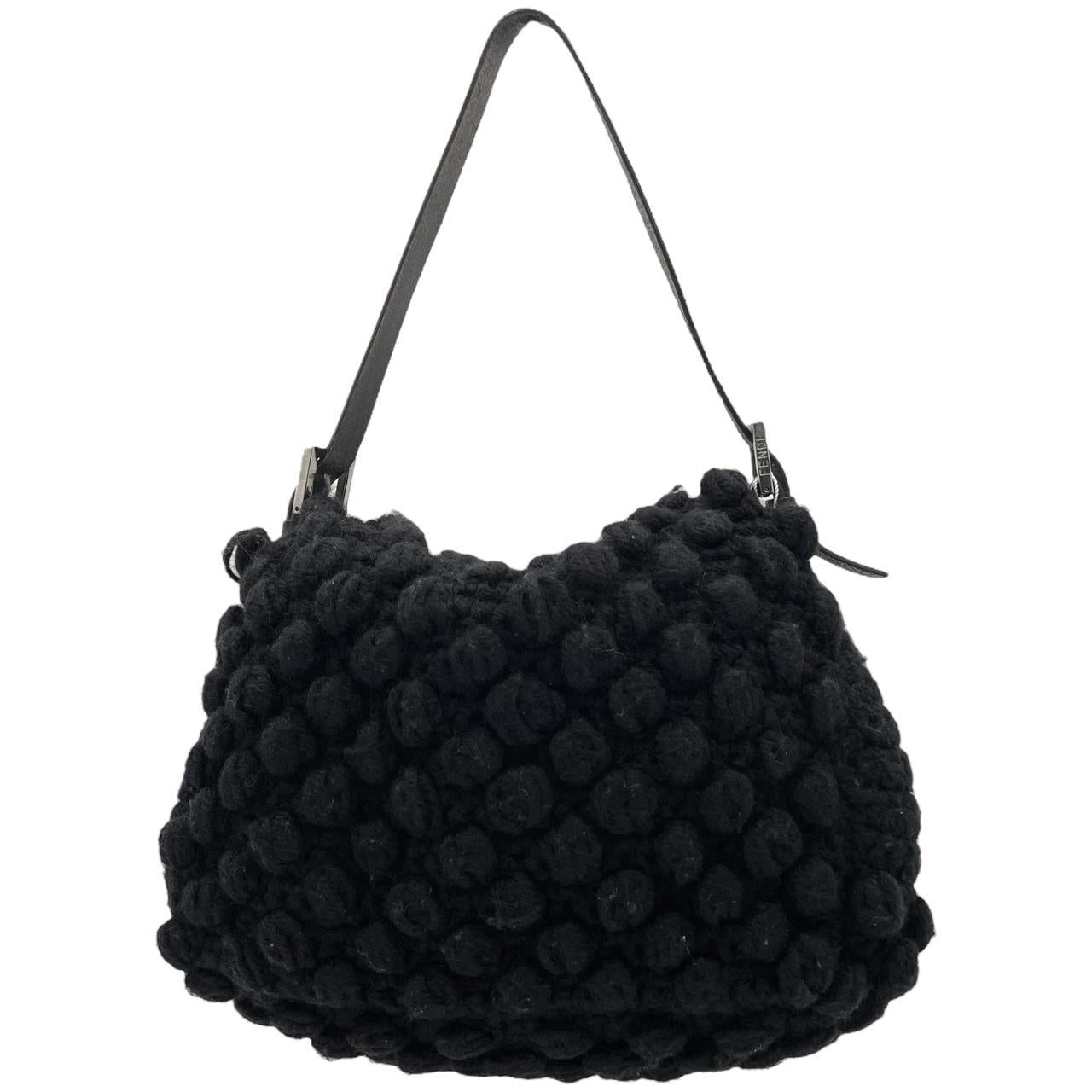 Fendi Black Crochet Wool Knit Mama Baguette Shoulder Bag