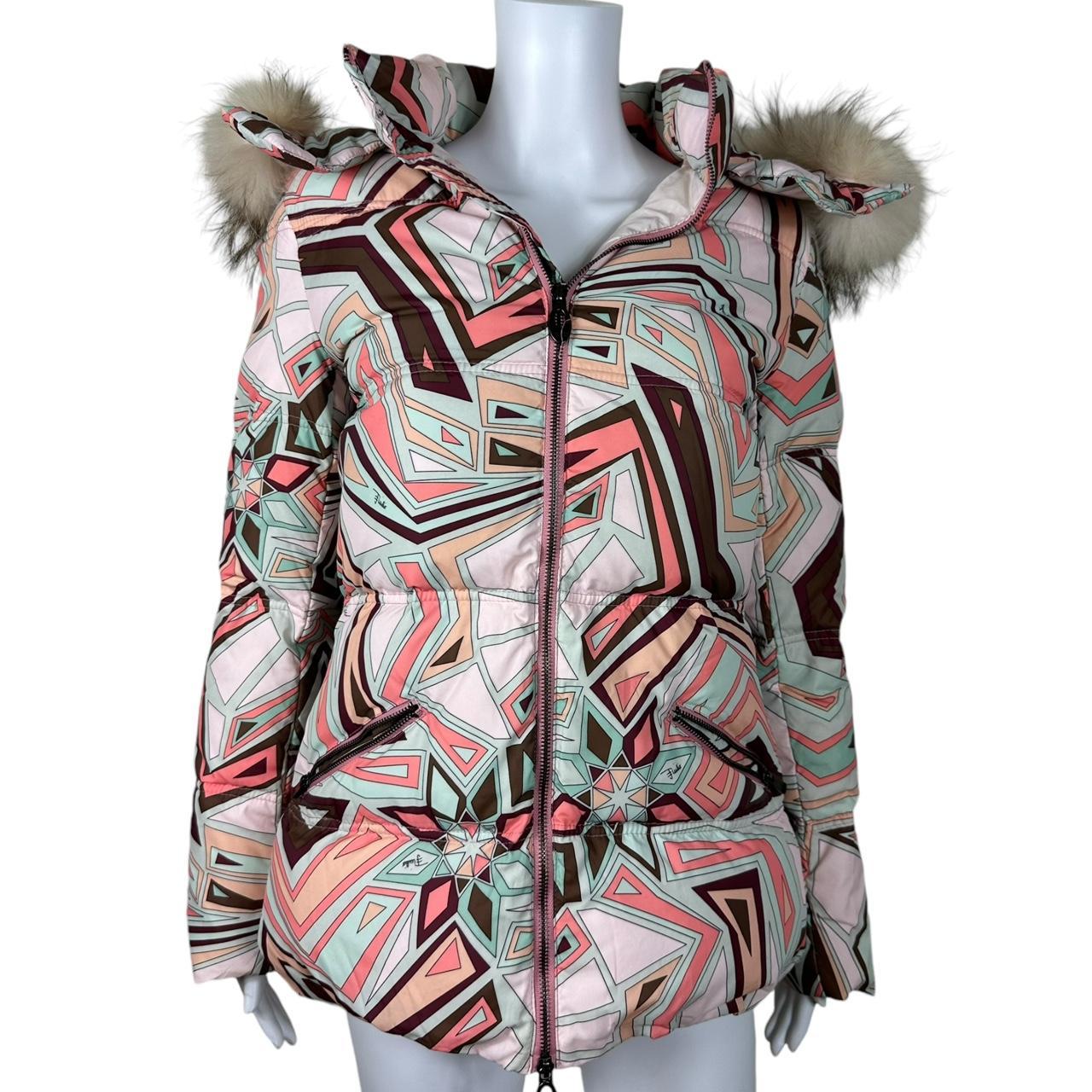 Emilio Pucci Multicolor Printed Down Fill Fur Trim Puffer Coat