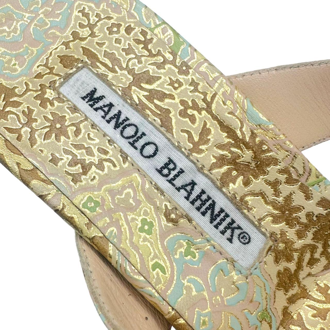 Manolo Blahnik Gold Printed Kitten Heel Flip Flops