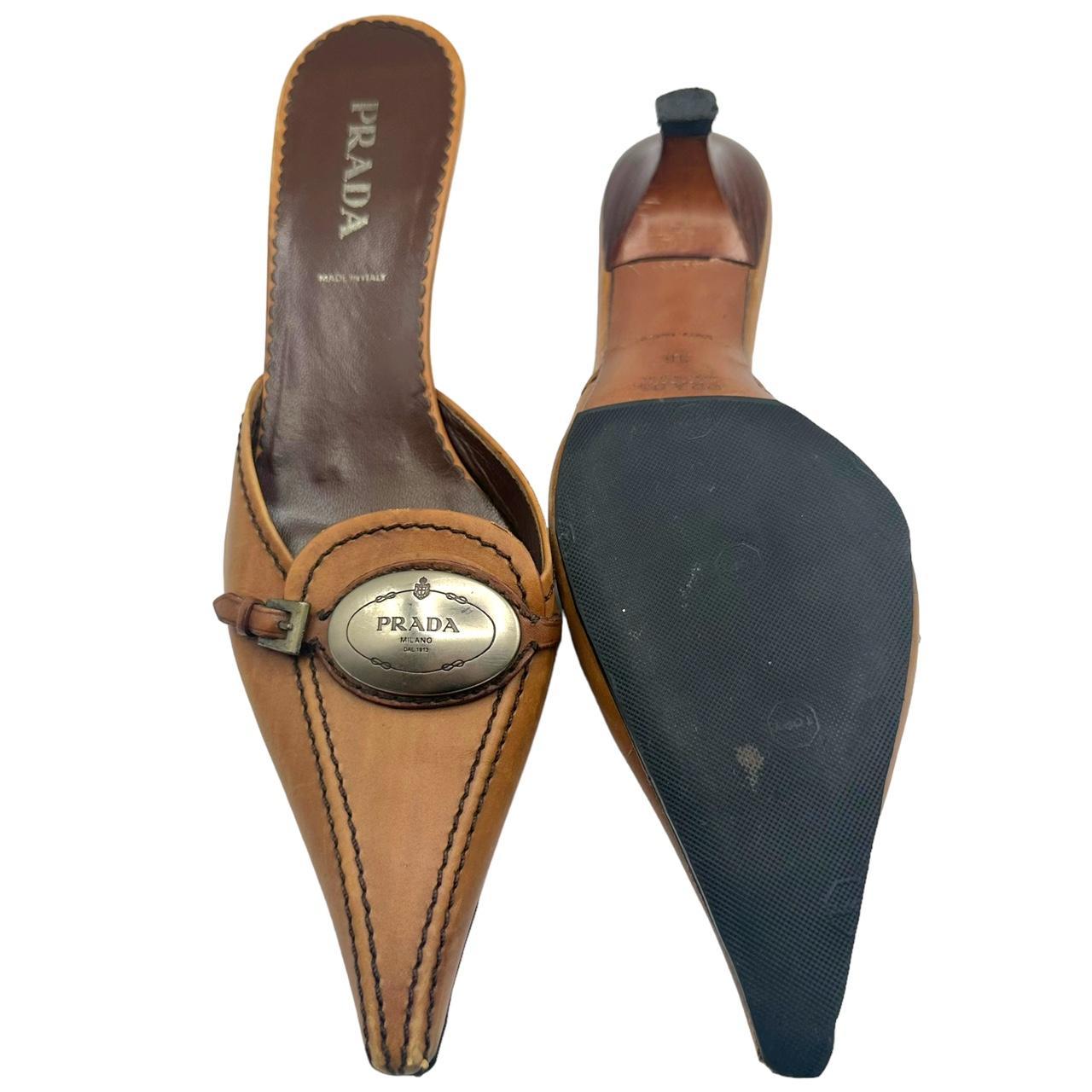 Prada Brown Leather Kitten Heel Mules with Logo Plate