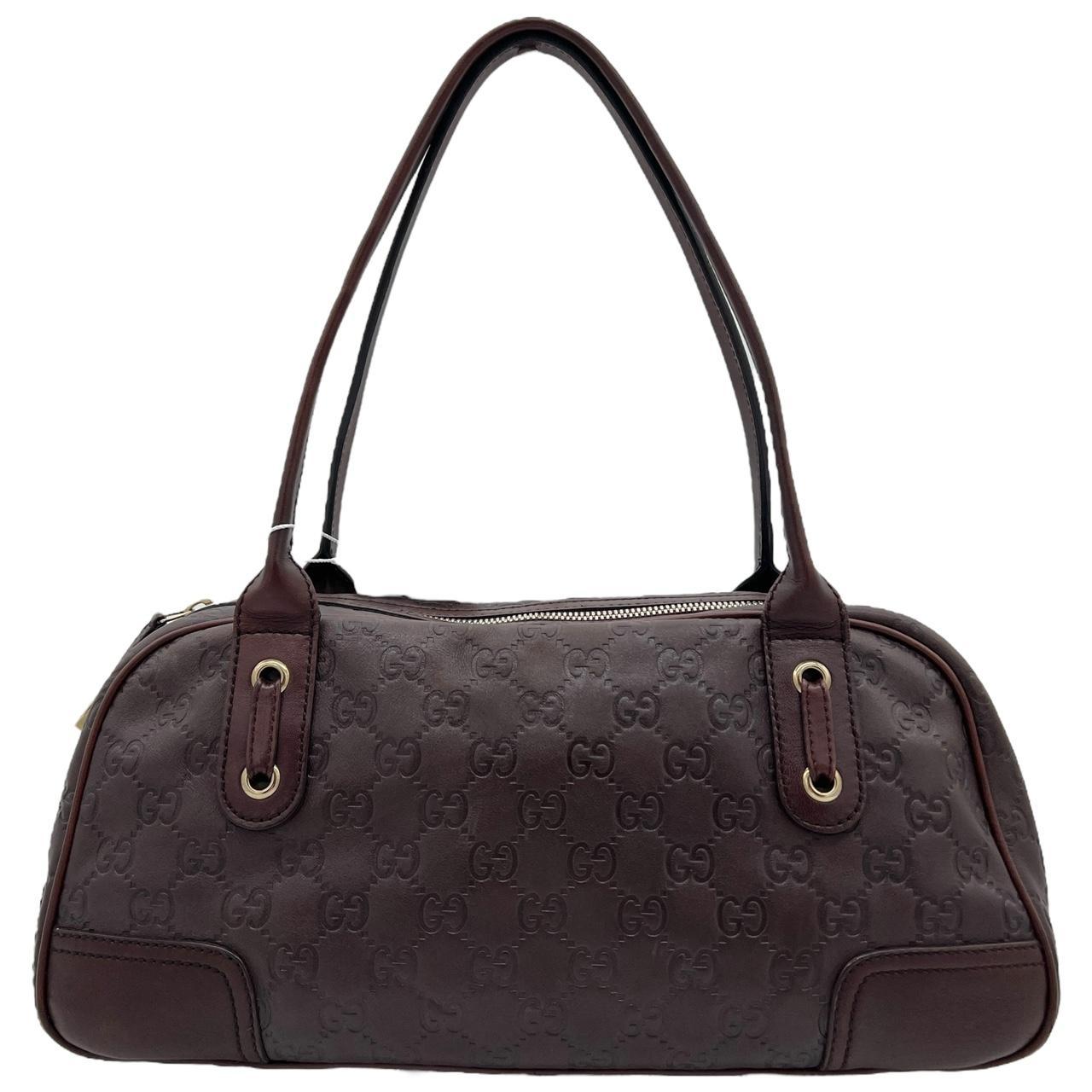 Gucci Brown Leather Boston Bag with Embossed Monogram