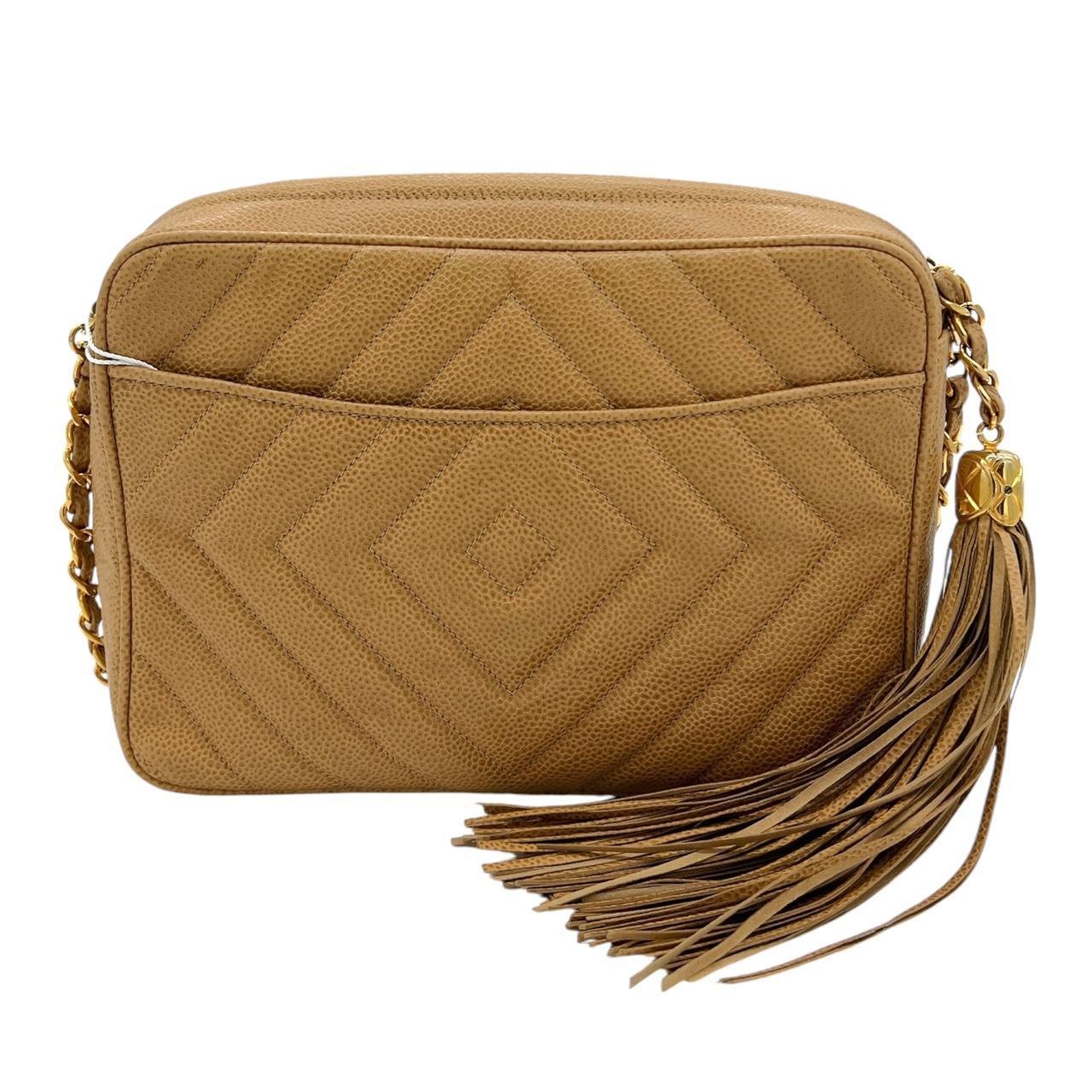 Chanel Tan Caviar Leather Diamond Quilted Camera Crossbody Bag