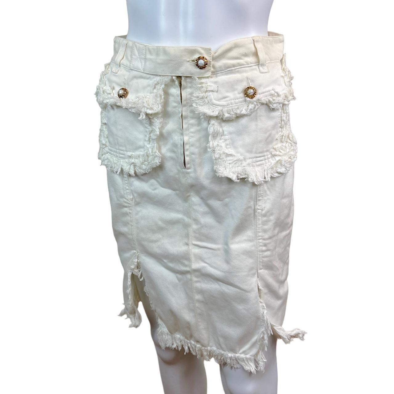 Dolce & Gabbana D&G White Frayed Denim Mini Skirt with Gold and Pearl Buttons - Outfit Repeater
