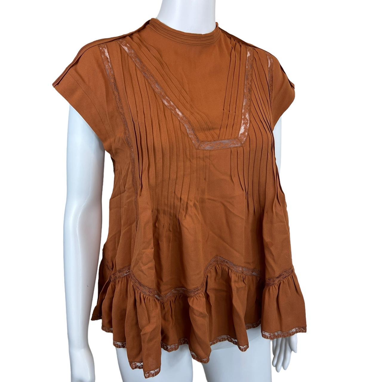 Chloé Burnt Orange Flowy Blouse with Pleating and Lace Details