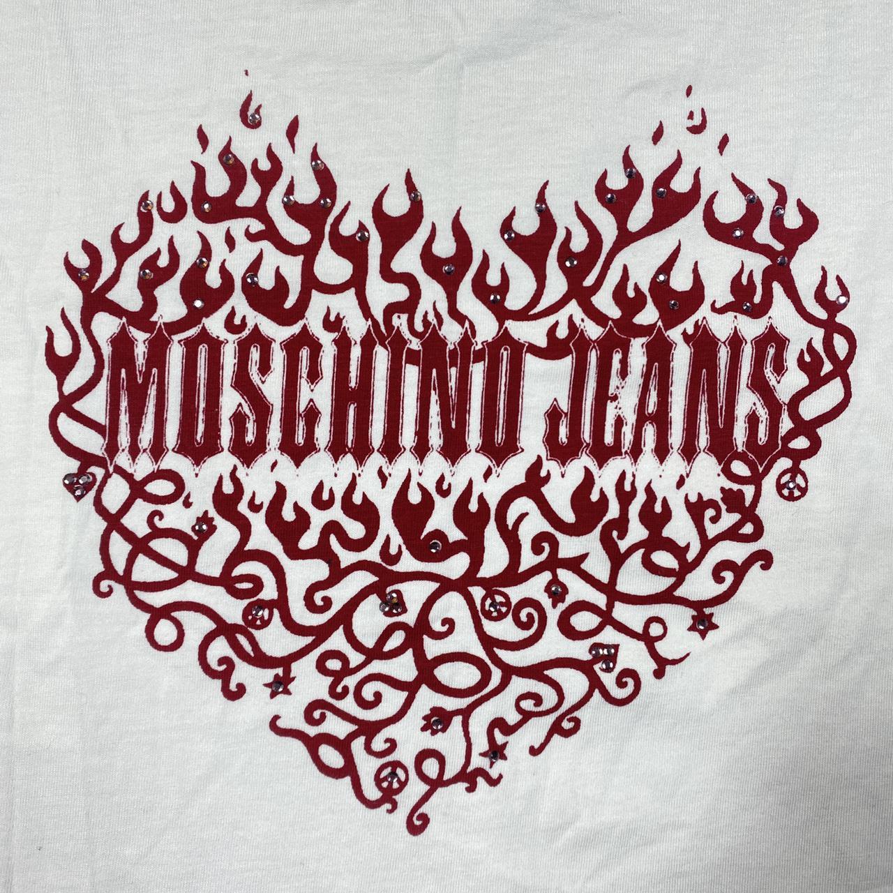 Moschino Jeans Bedazzled Flame Heart Spell-Out Logo T-Shirt White - Outfit Repeater
