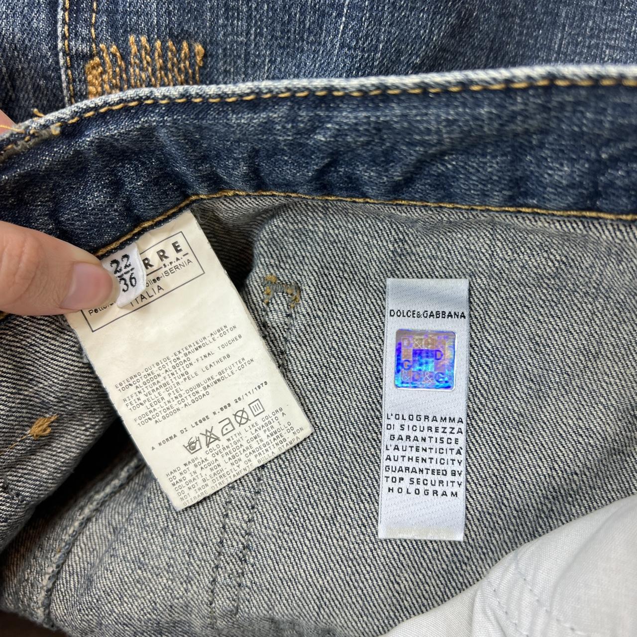 Dolce & Gabbana 'Sex is My Favorite Business' Graphic Distressed Denim Mini Skirt with Leather Logo Patch and Pocket - Outfit Repeater