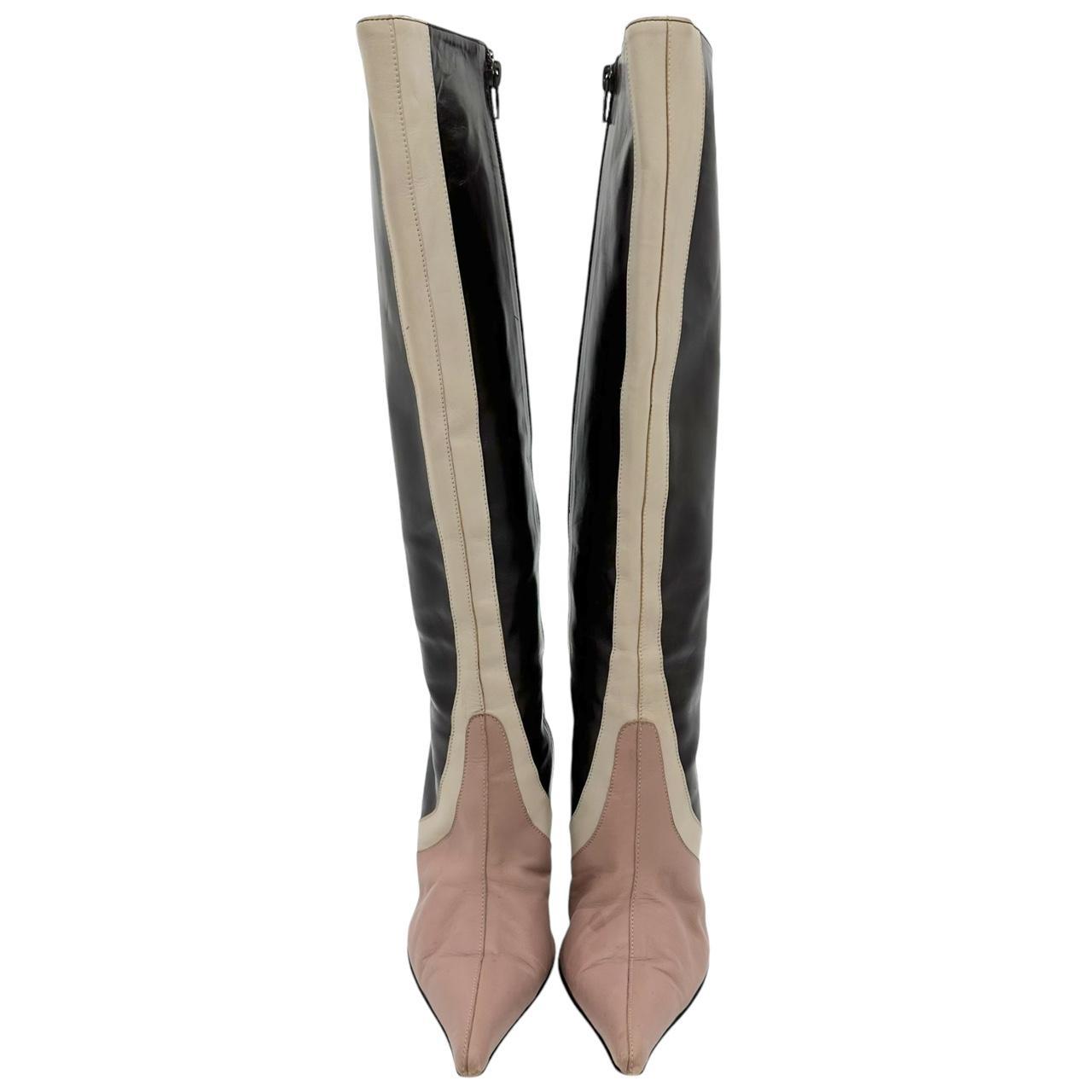 Versace Brown Pink Leather Heeled Knee-High Boots