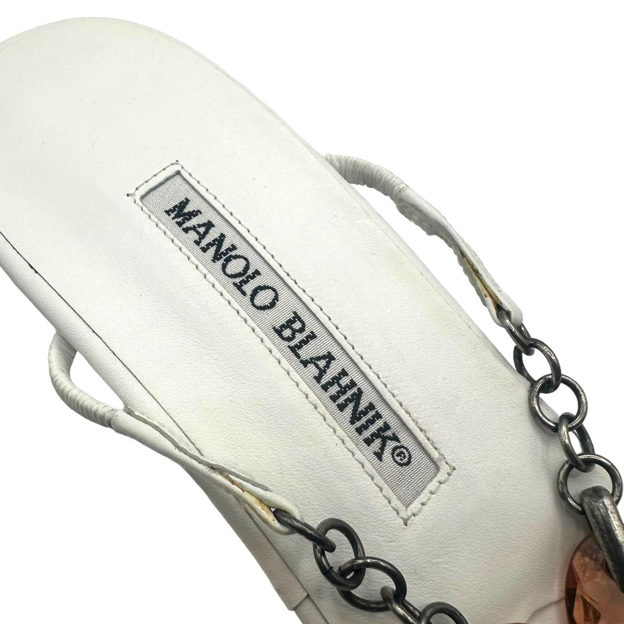 Manolo Blahnik White Leather Crystal Embellished Flip Flops