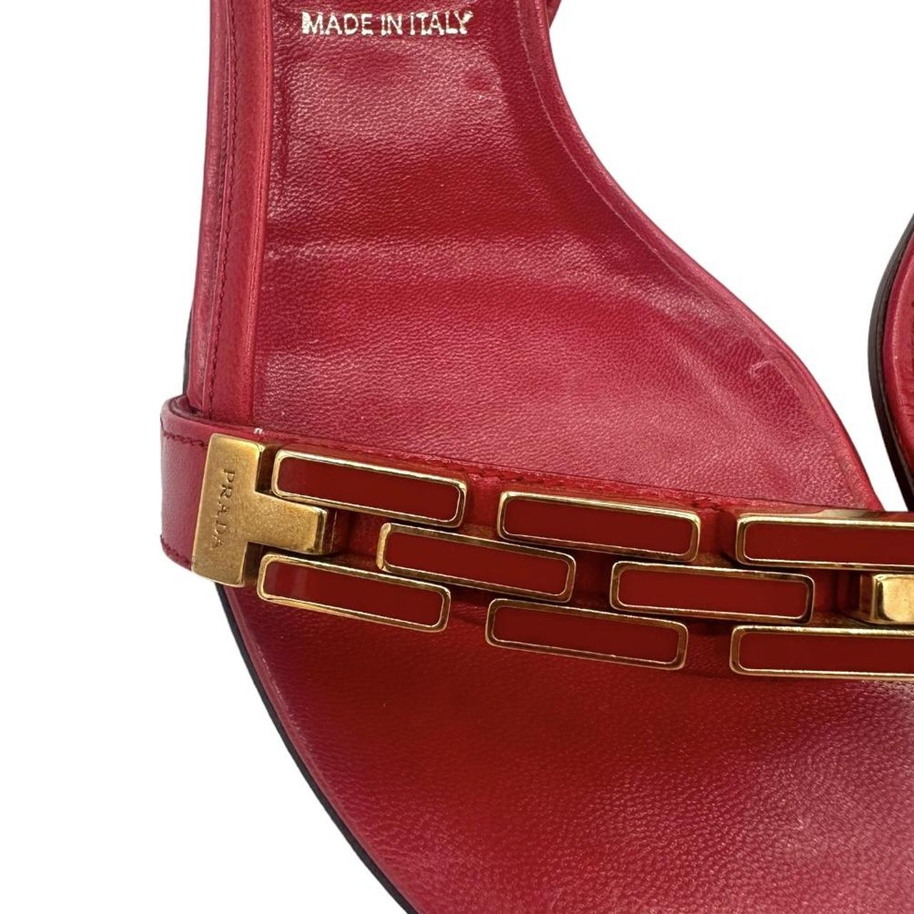 Prada Red Gold Kitten Heel Sandals Open-Toe Leather