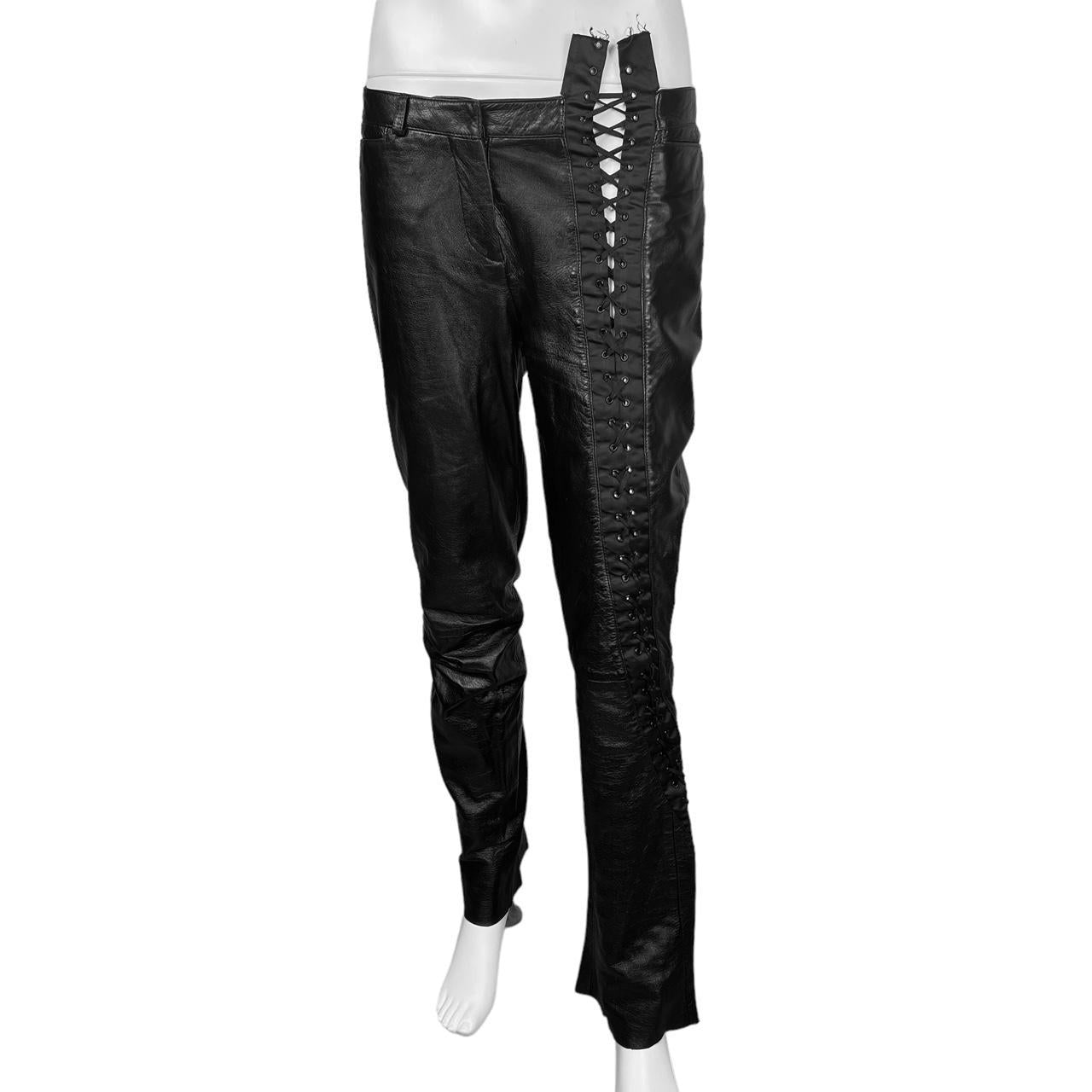 Dolce & Gabbana Black Low Rise Lace Up Leather Pants