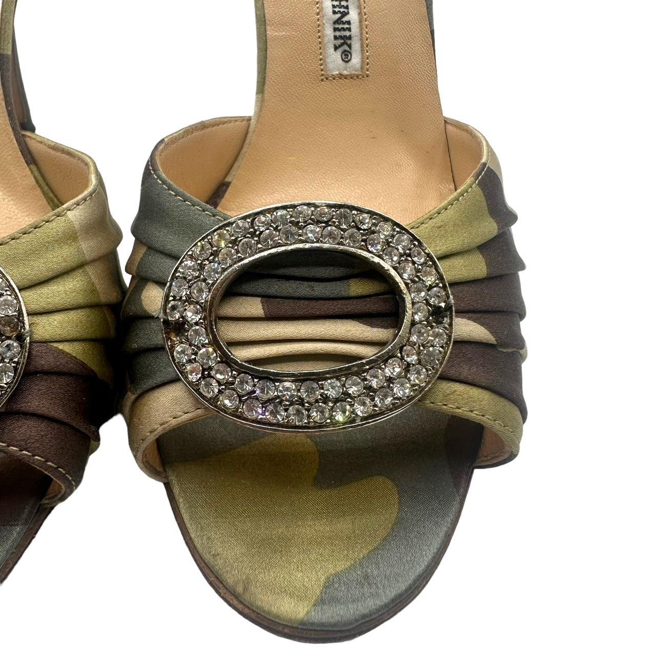 Manolo Blahnik D'Orsay Heels Camouflage Silk Crystal Embellished