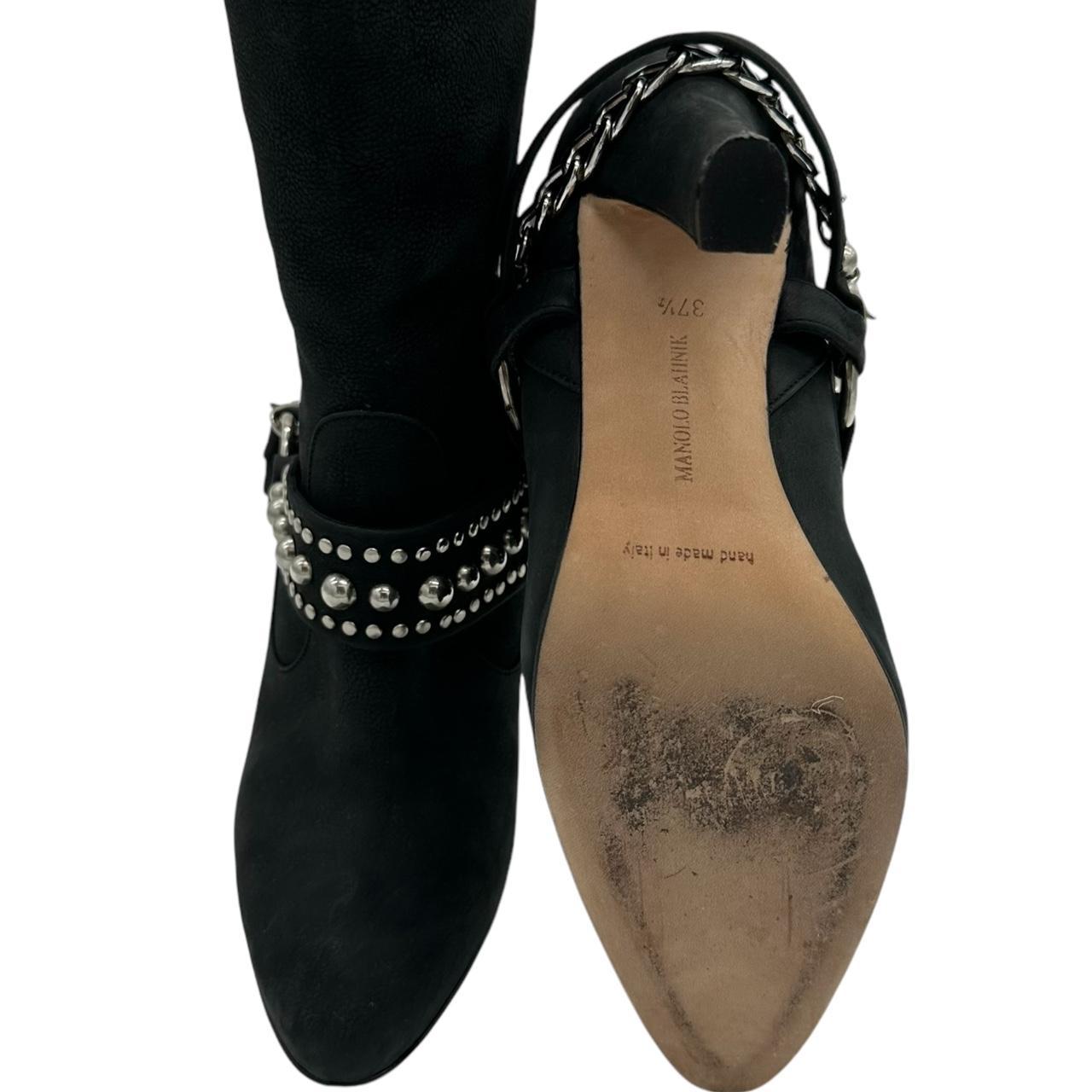 Manolo Blahnik Black Suede Chain Embellished Heeled Knee-High Boots - Outfit Repeater