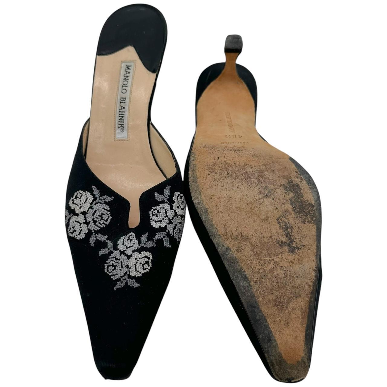 Manolo Blahnik Black Cross-Stitch Embroidered Kitten Heels - Outfit Repeater
