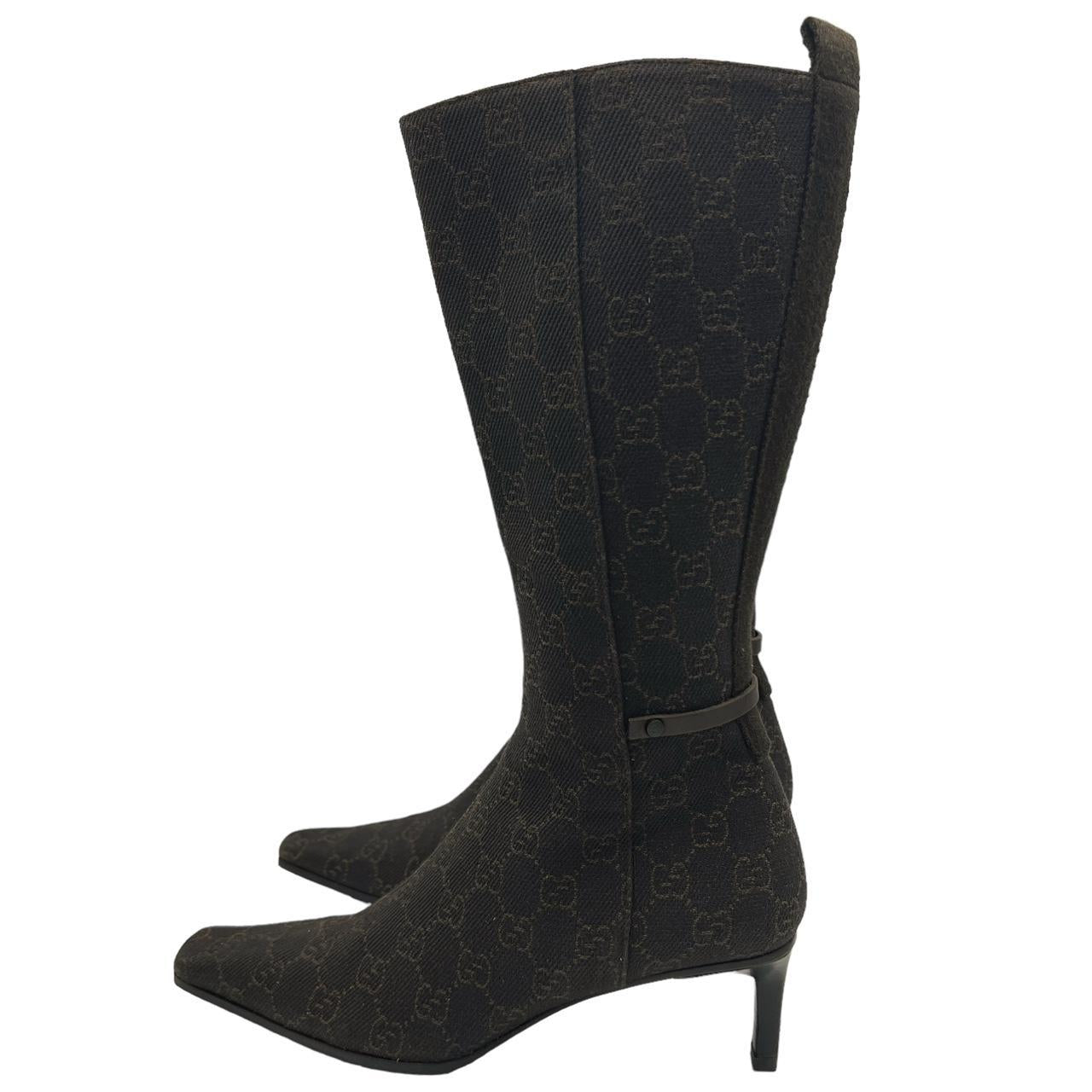Gucci Knee High Pointed Toe Boots Brown Monogram
