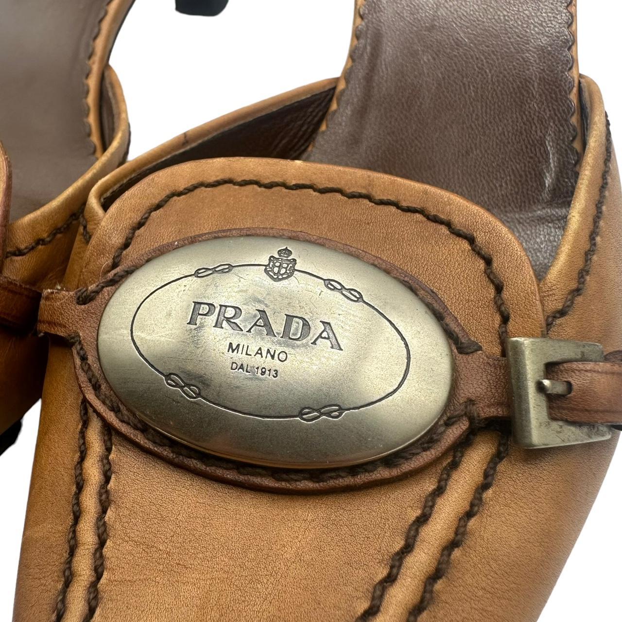 Prada Brown Leather Kitten Heel Mules with Logo Plate