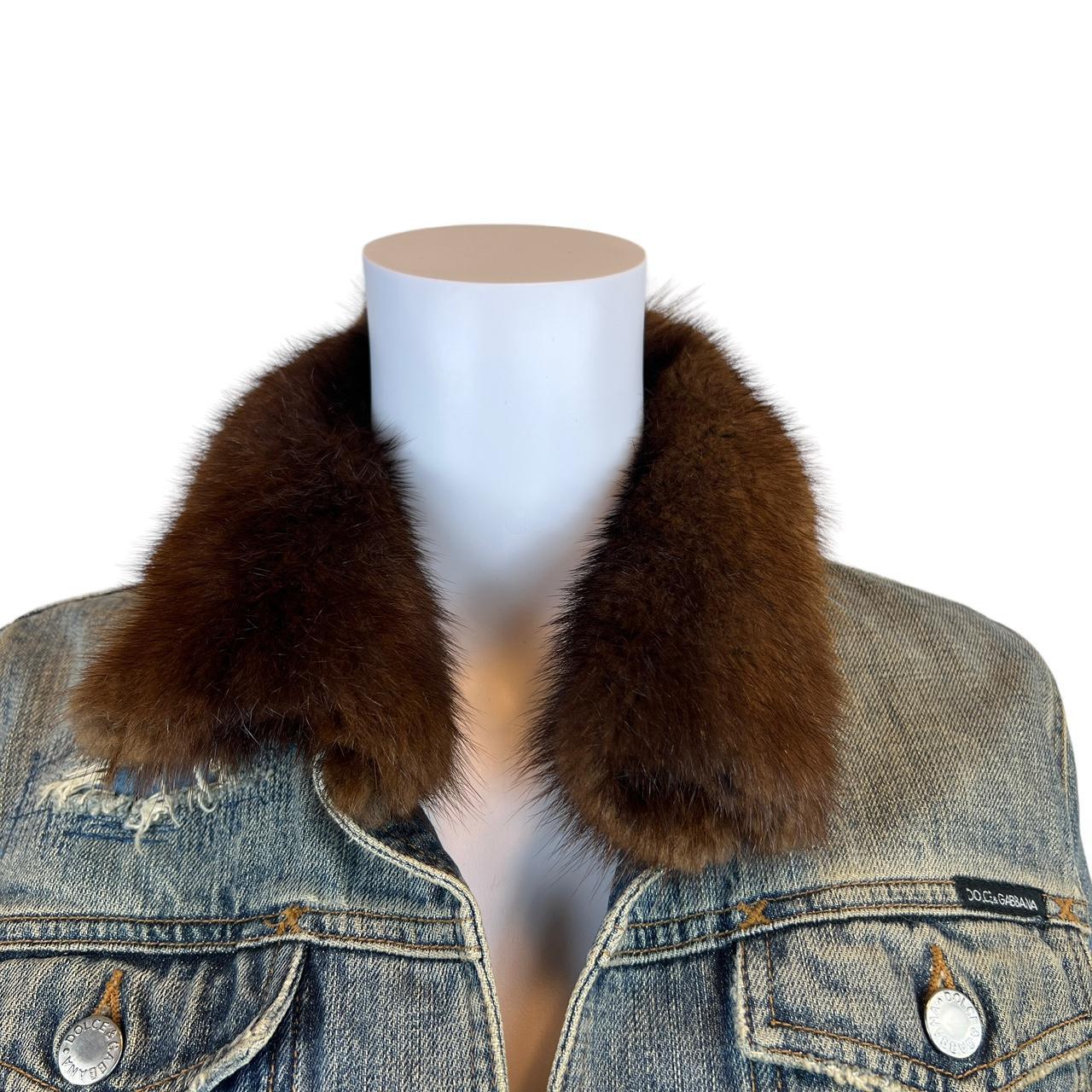 Dolce & Gabbana Distressed Denim Jacket with Embroidered Logo and Real Fur Collar - Outfit Repeater