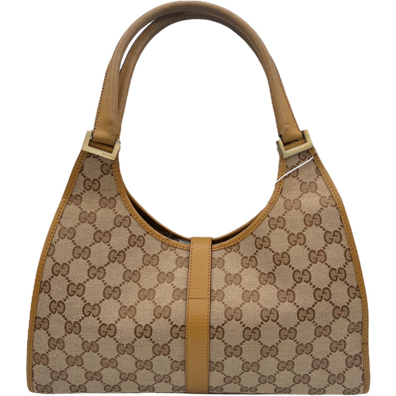 Gucci Tan Leather Monogram Canvas Shoulder Bag