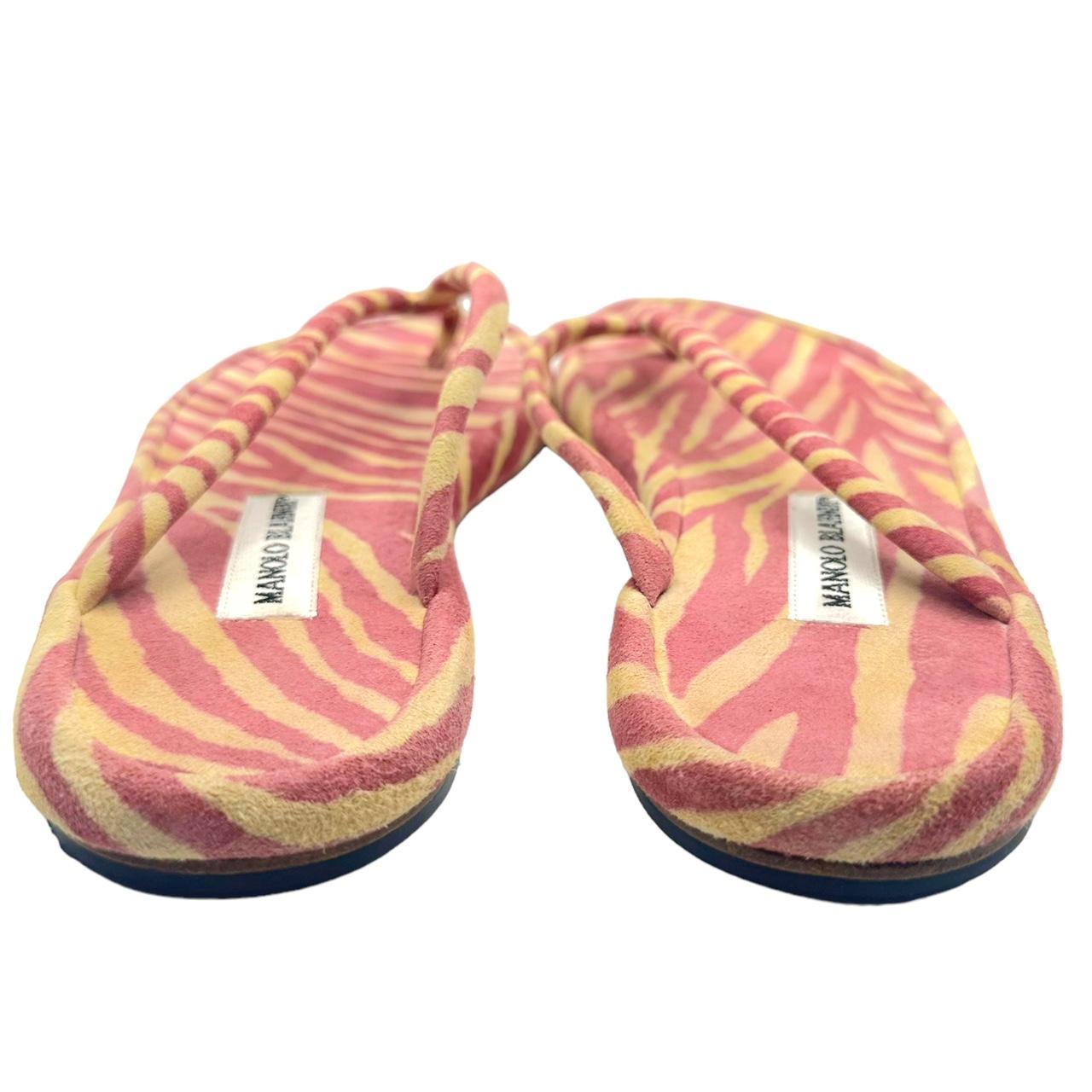 Manolo Blahnik Pink and Yellow Zebra Print Suede Flip Flop Sandals