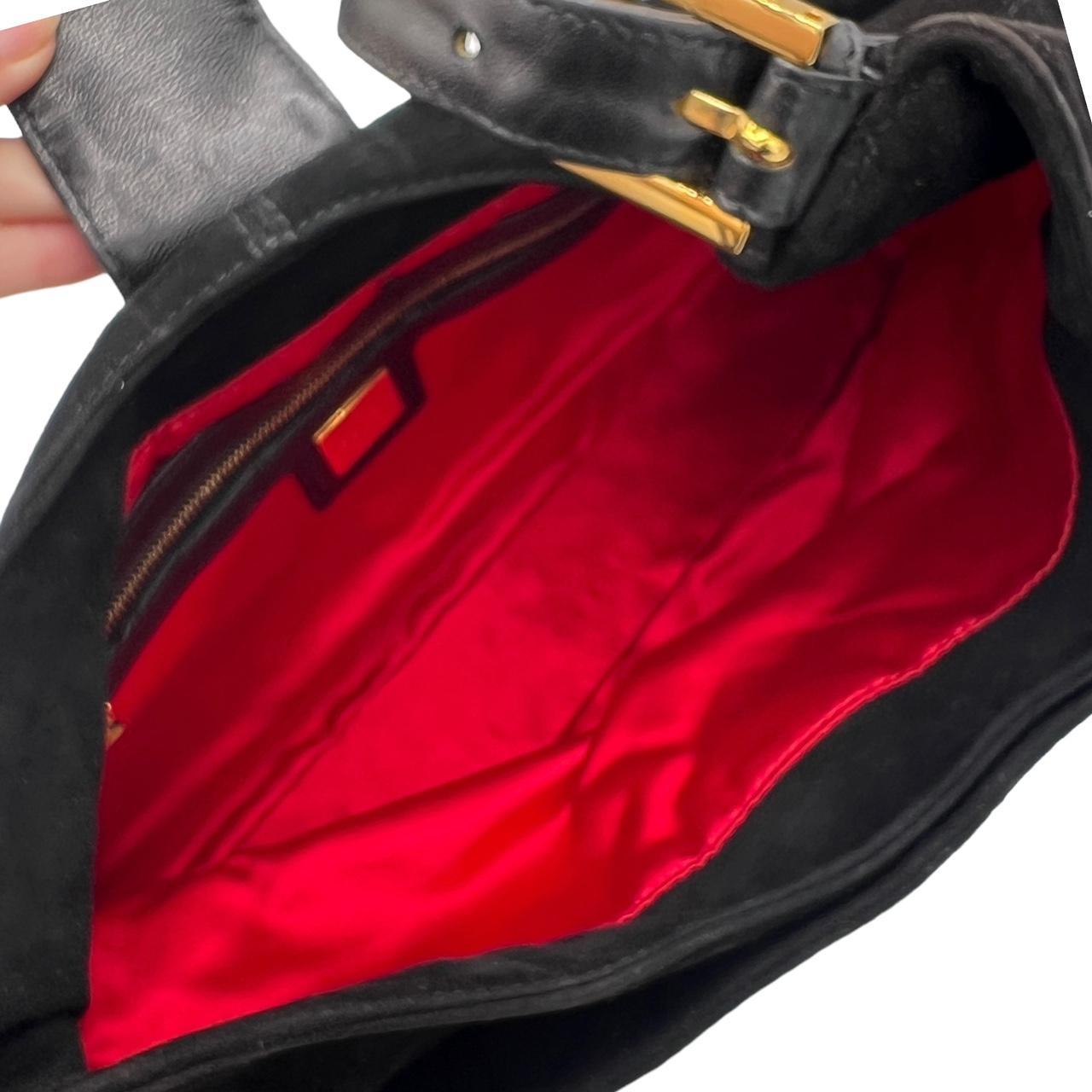 Fendi Black Suede Baguette Shoulder Bag Gold Red Hardware