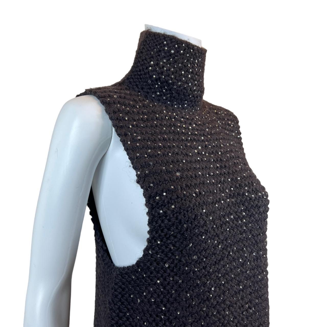 Fendi by Karl Lagerfeld Crystal Embellished Brown Wool Sleeveless Turtleneck