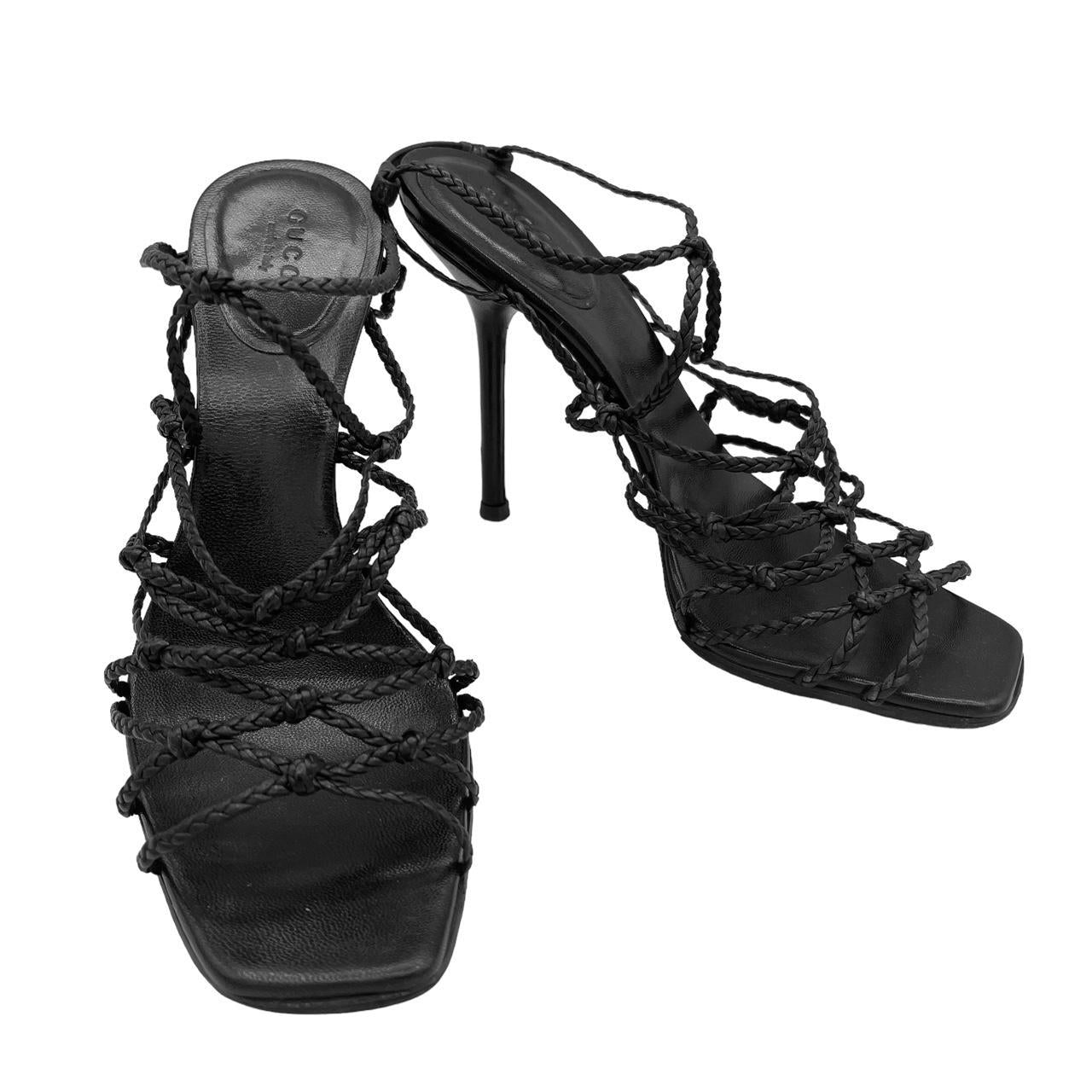 Gucci Black Braided Leather Strappy Heels Size 37