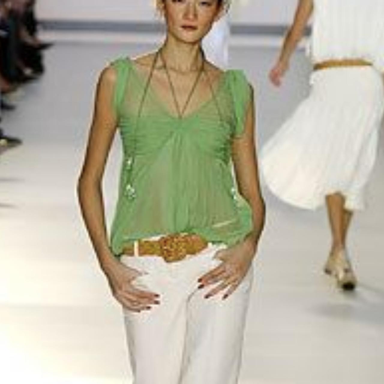 Chloé Spring / Summer 2004 by Phoebe Philo Coral Flowy Silk Semi-Sheer Blouse with Green Stone Beads